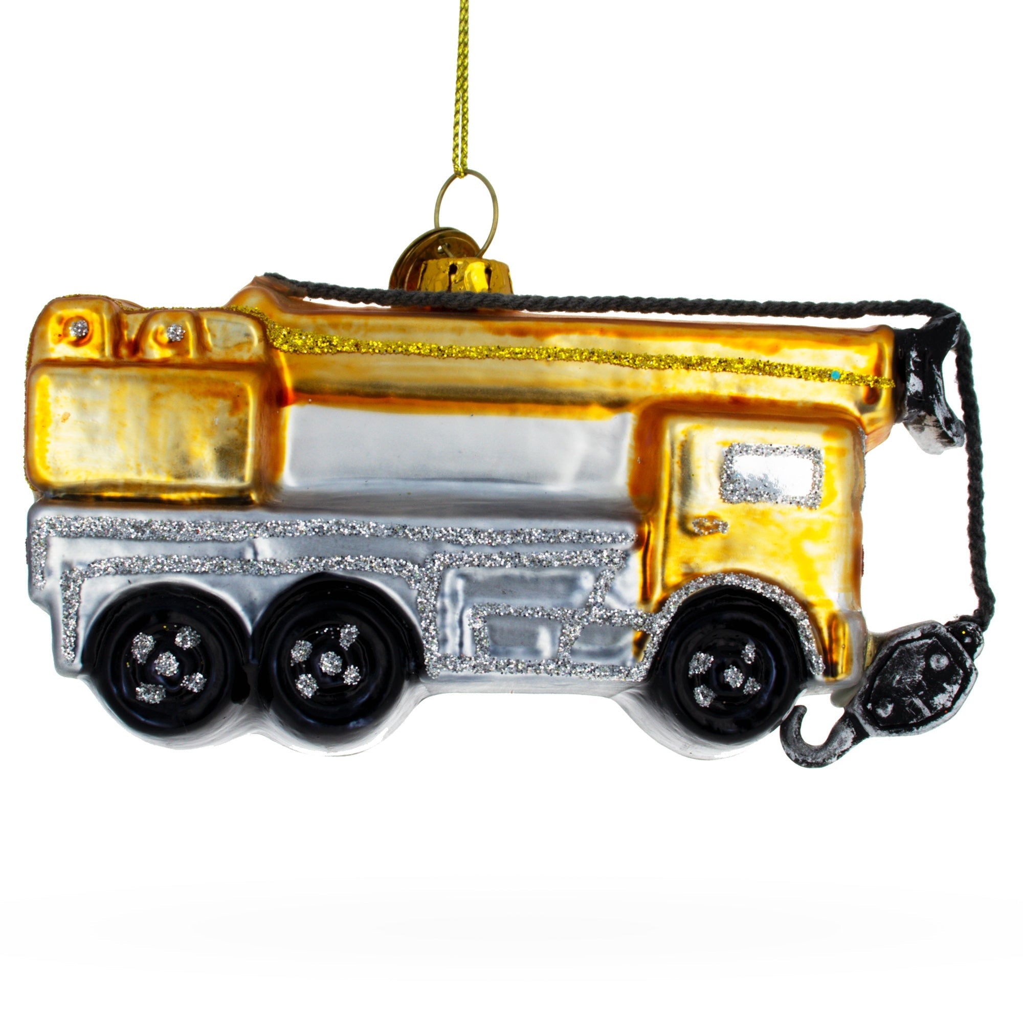 Vibrant Yellow Construction Crane - Blown Glass Christmas Ornament