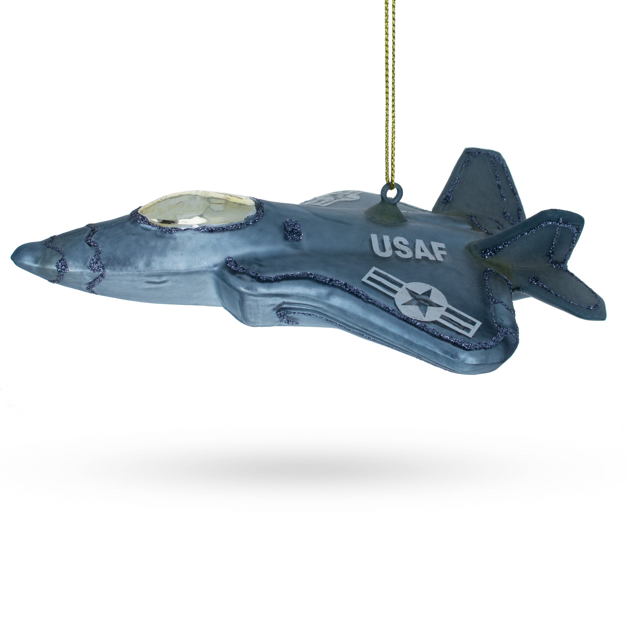 Skybound Sentinel: Mighty Us Army Fighter Jet - Blown Glass Christmas Ornament