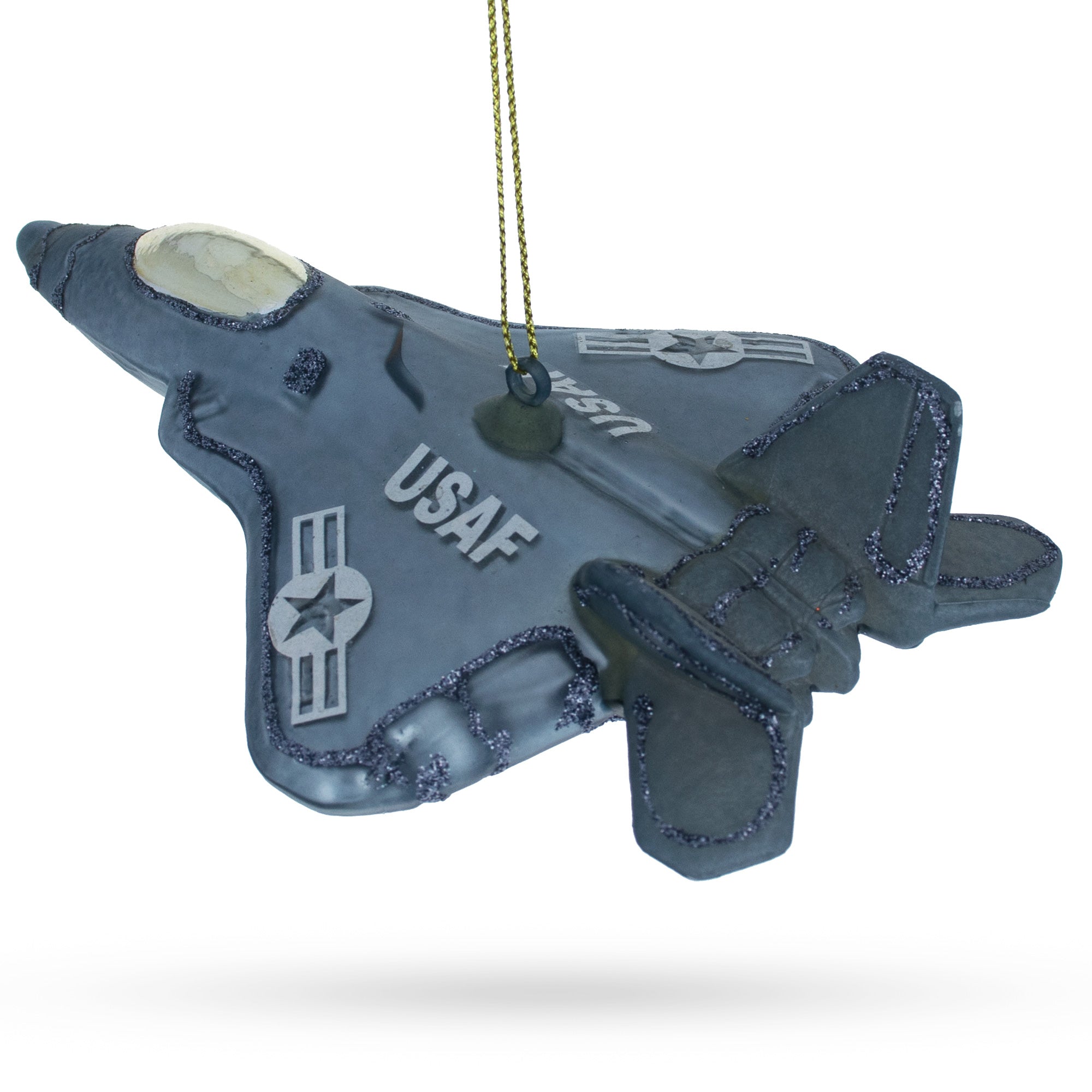 Skybound Sentinel: Mighty Us Army Fighter Jet - Blown Glass Christmas Ornament