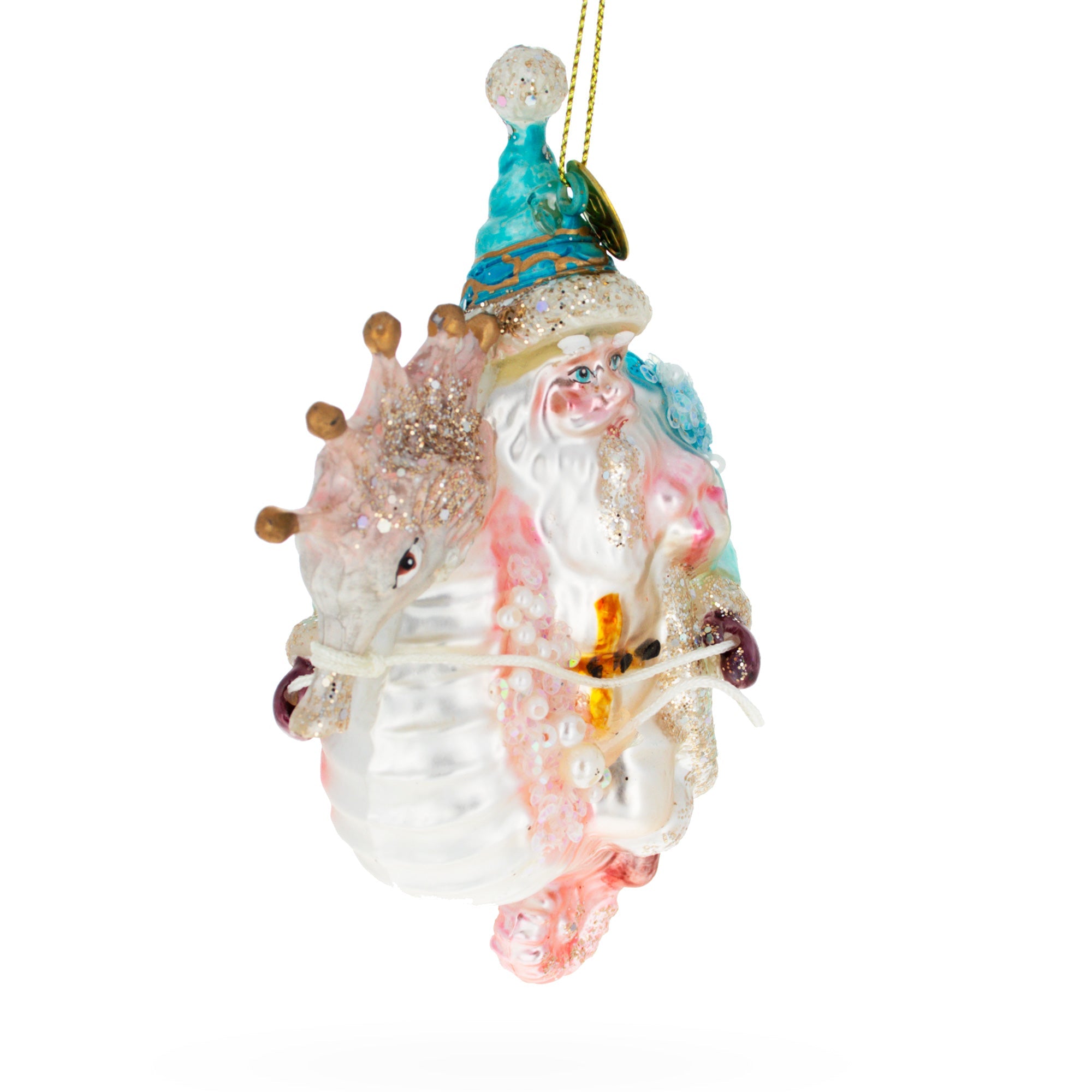 Seaside Fantasy: Nautical Santa Riding Seahorse - Blown Glass Christmas Ornament