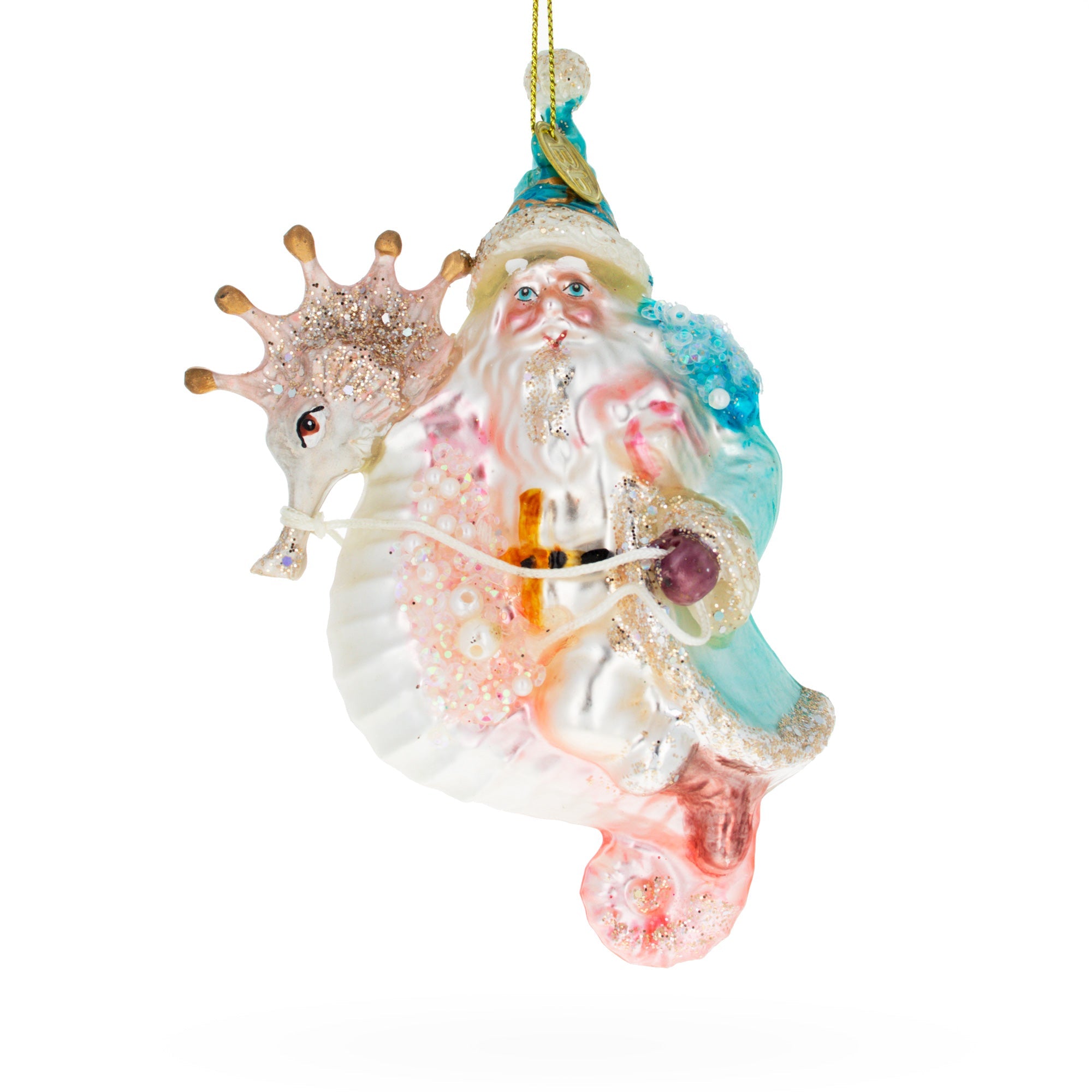 Seaside Fantasy: Nautical Santa Riding Seahorse - Blown Glass Christmas Ornament