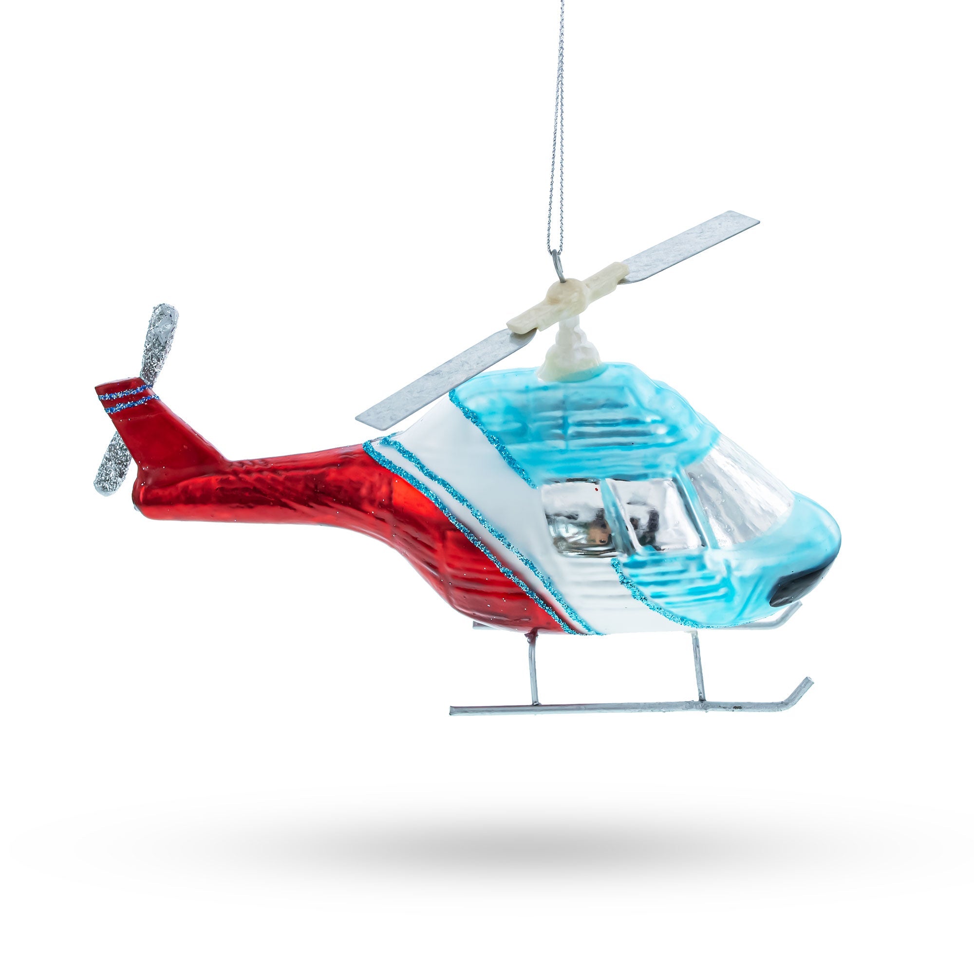 Blue And Red Helicopter - Blown Glass Christmas Ornament