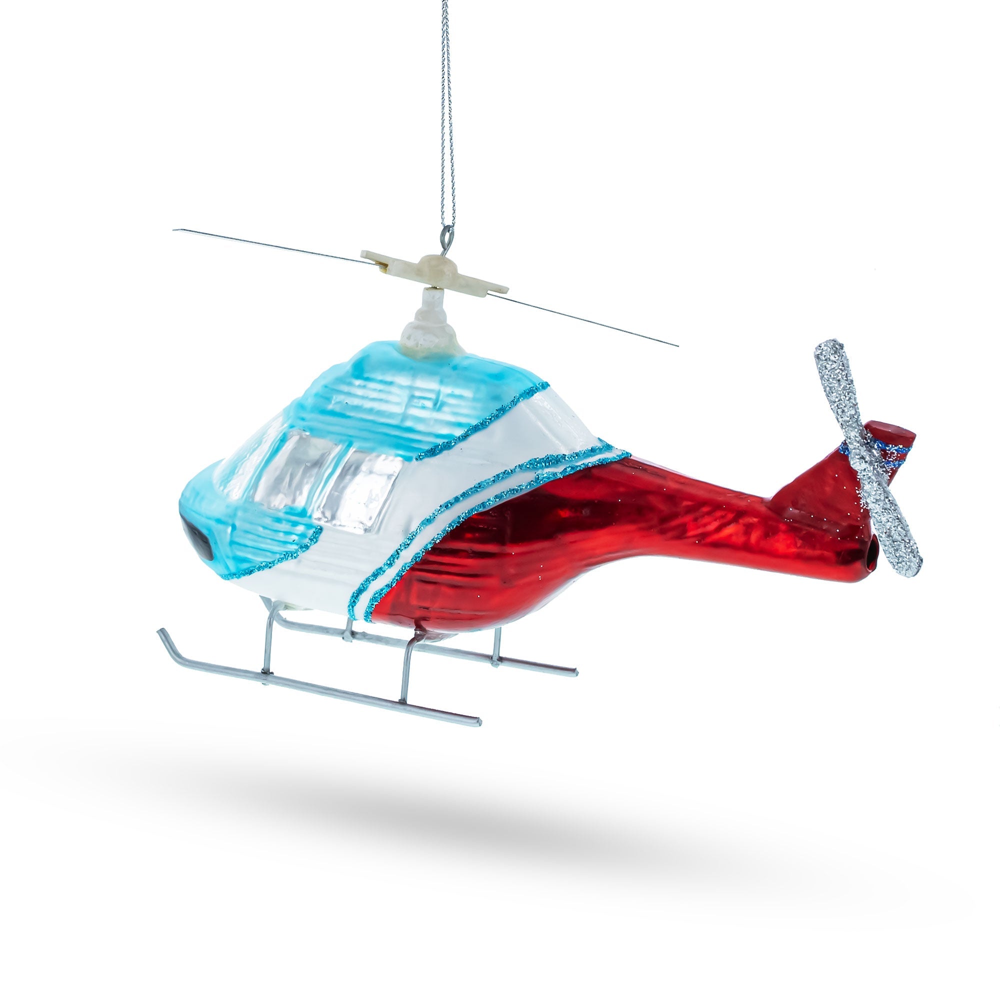 Blue And Red Helicopter - Blown Glass Christmas Ornament