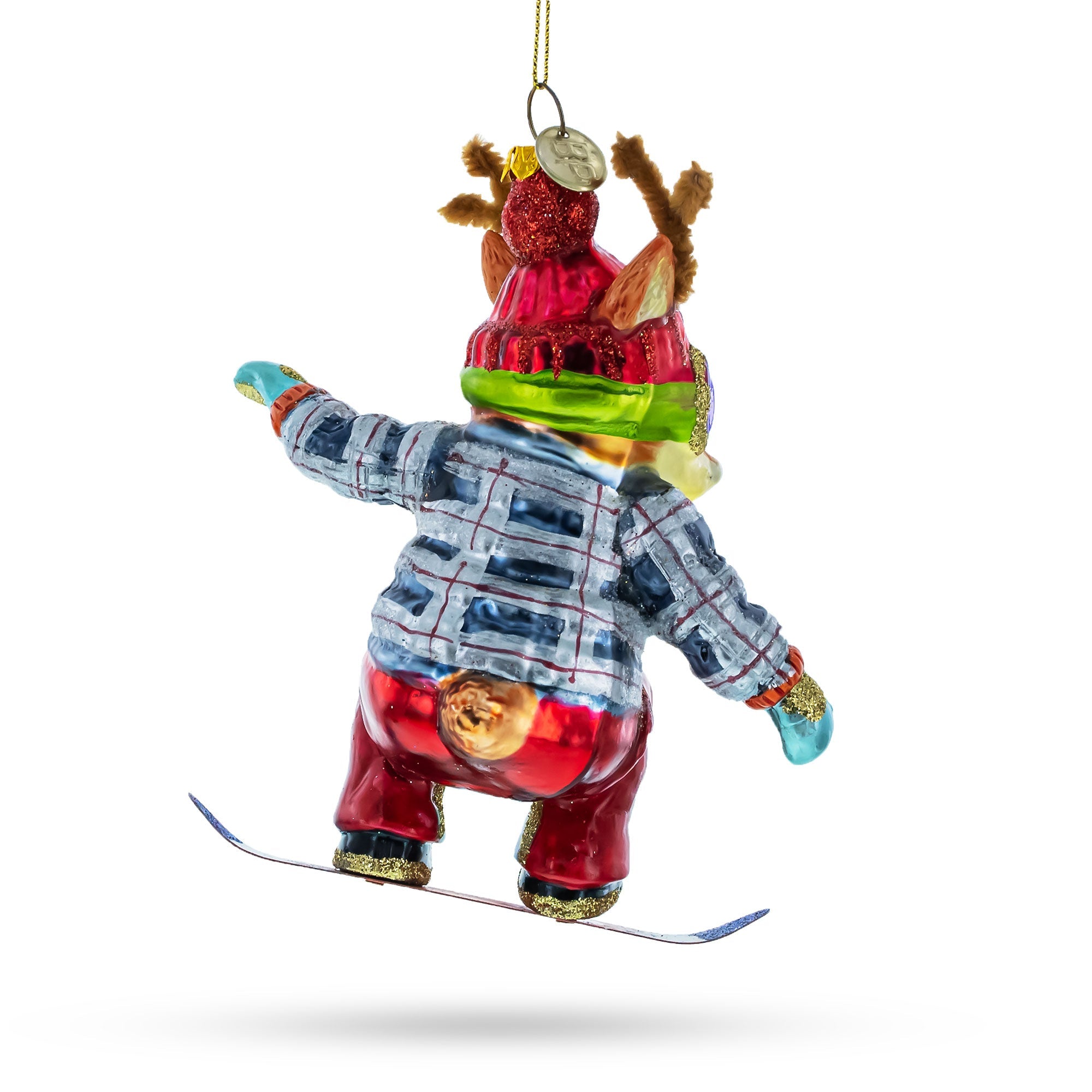 Adventurous Moose On Snowboard - Blown Glass Christmas Ornament