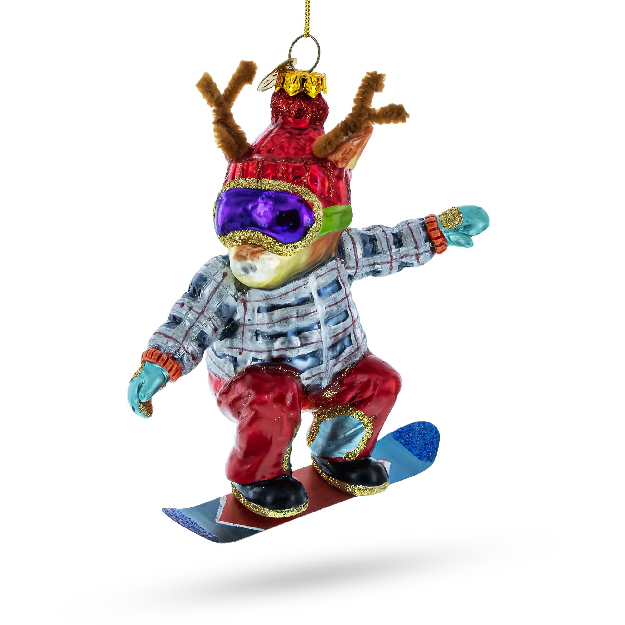 Adventurous Moose On Snowboard - Blown Glass Christmas Ornament