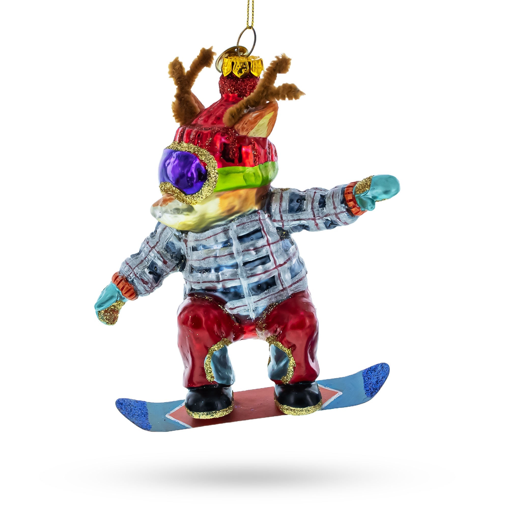 Adventurous Moose On Snowboard - Blown Glass Christmas Ornament