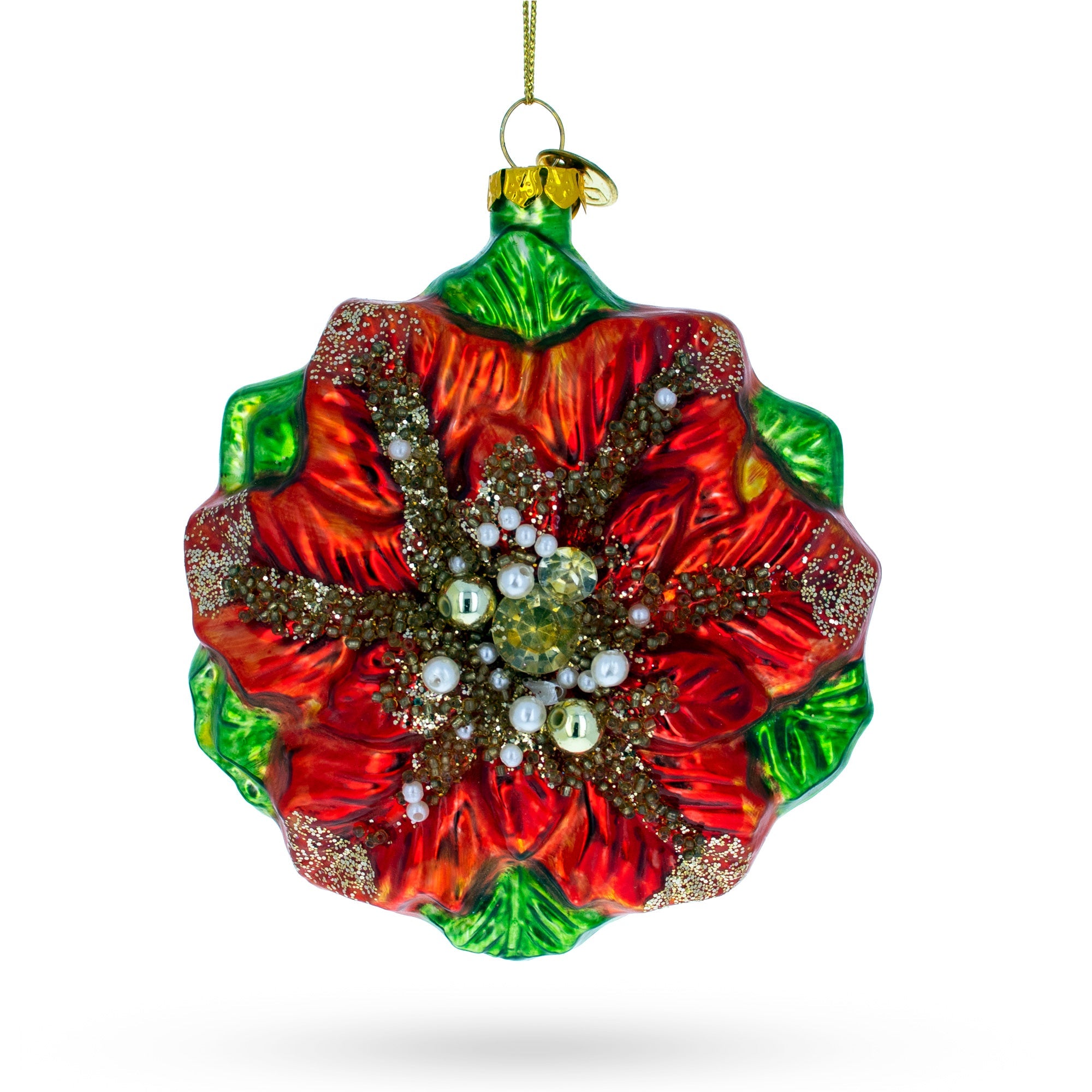 Elegant Poinsettia With Mother Of Pearls - Blown Glass Christmas Ornament