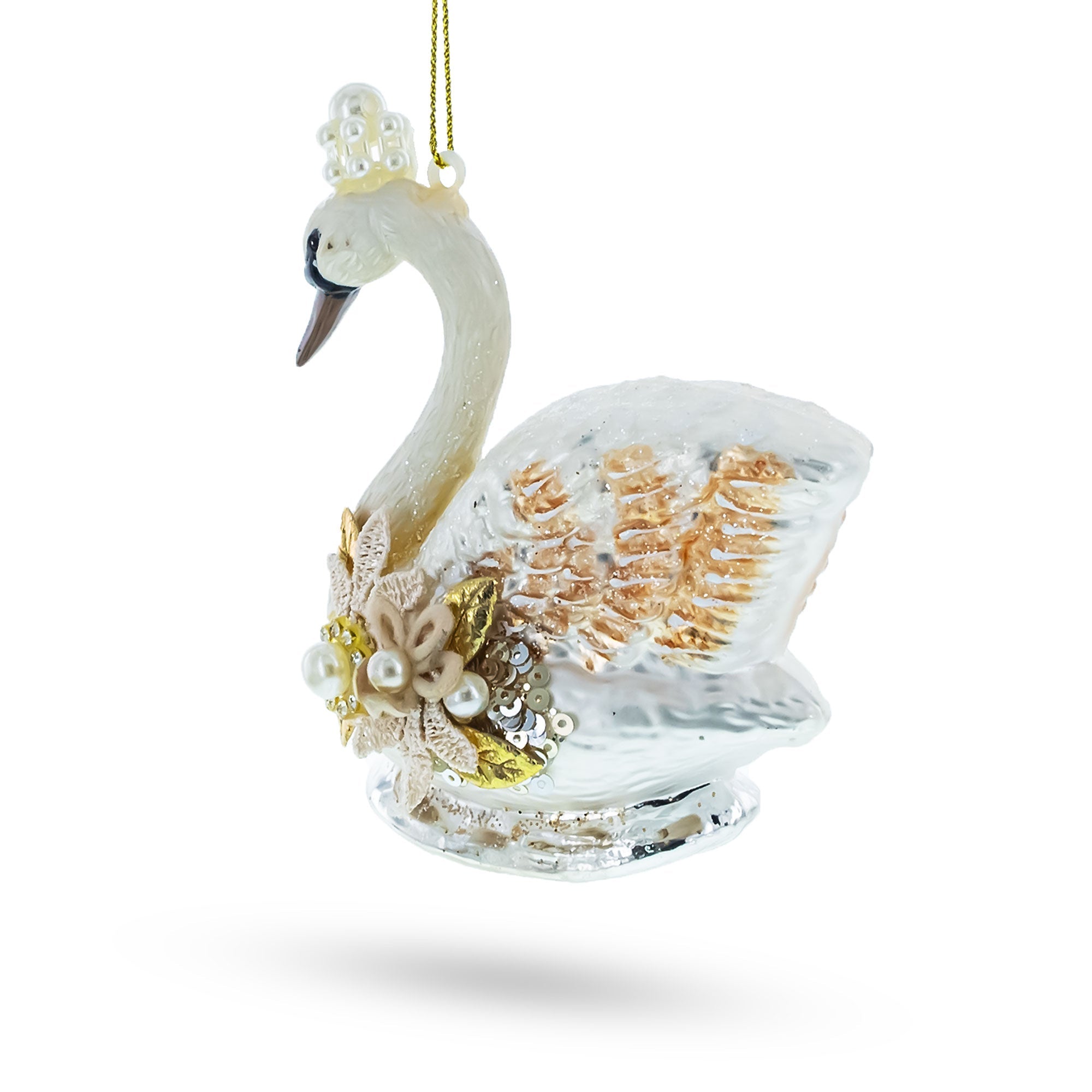 Elegant Royal Swan Adorned With Pearls - Blown Glass Christmas Ornament