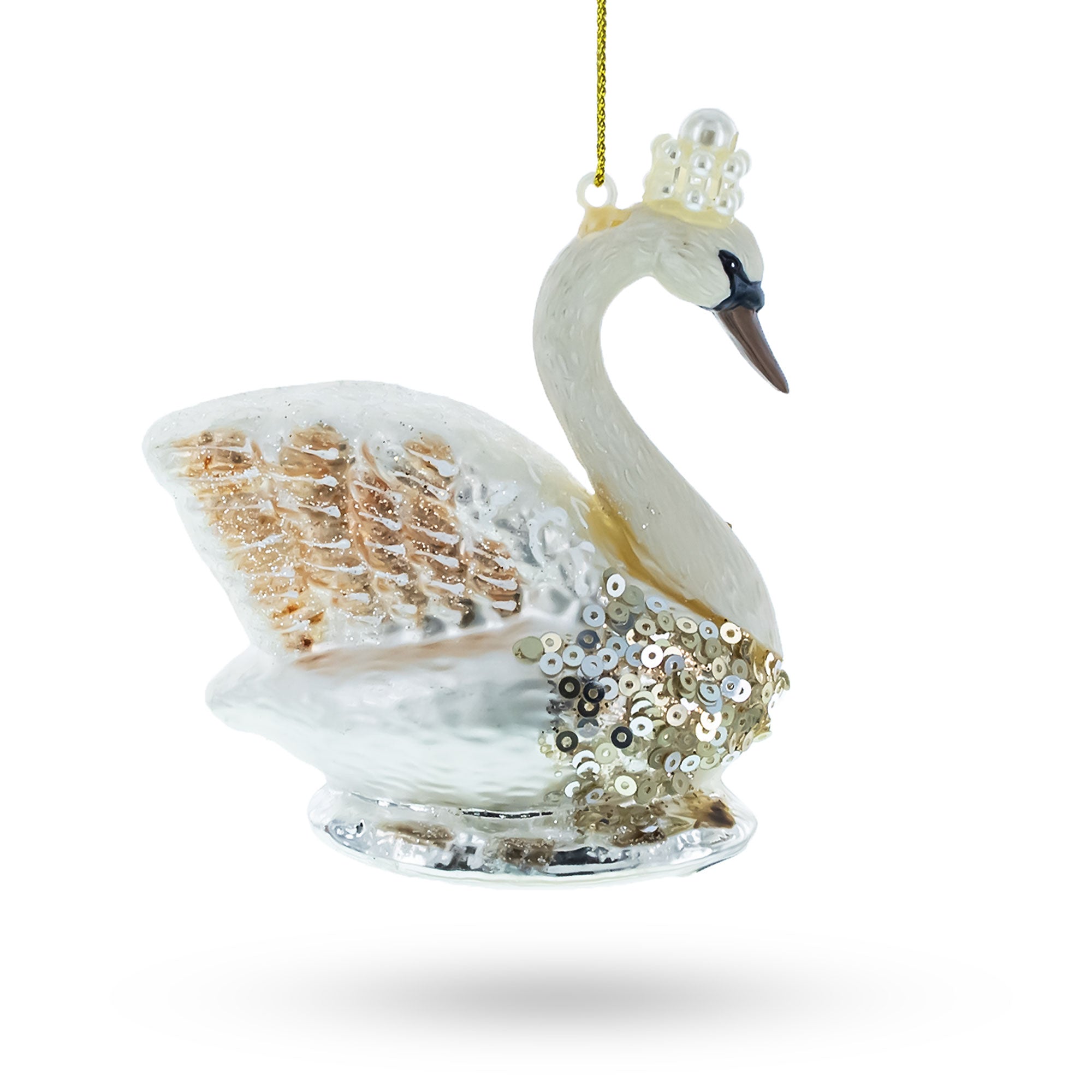 Elegant Royal Swan Adorned With Pearls - Blown Glass Christmas Ornament