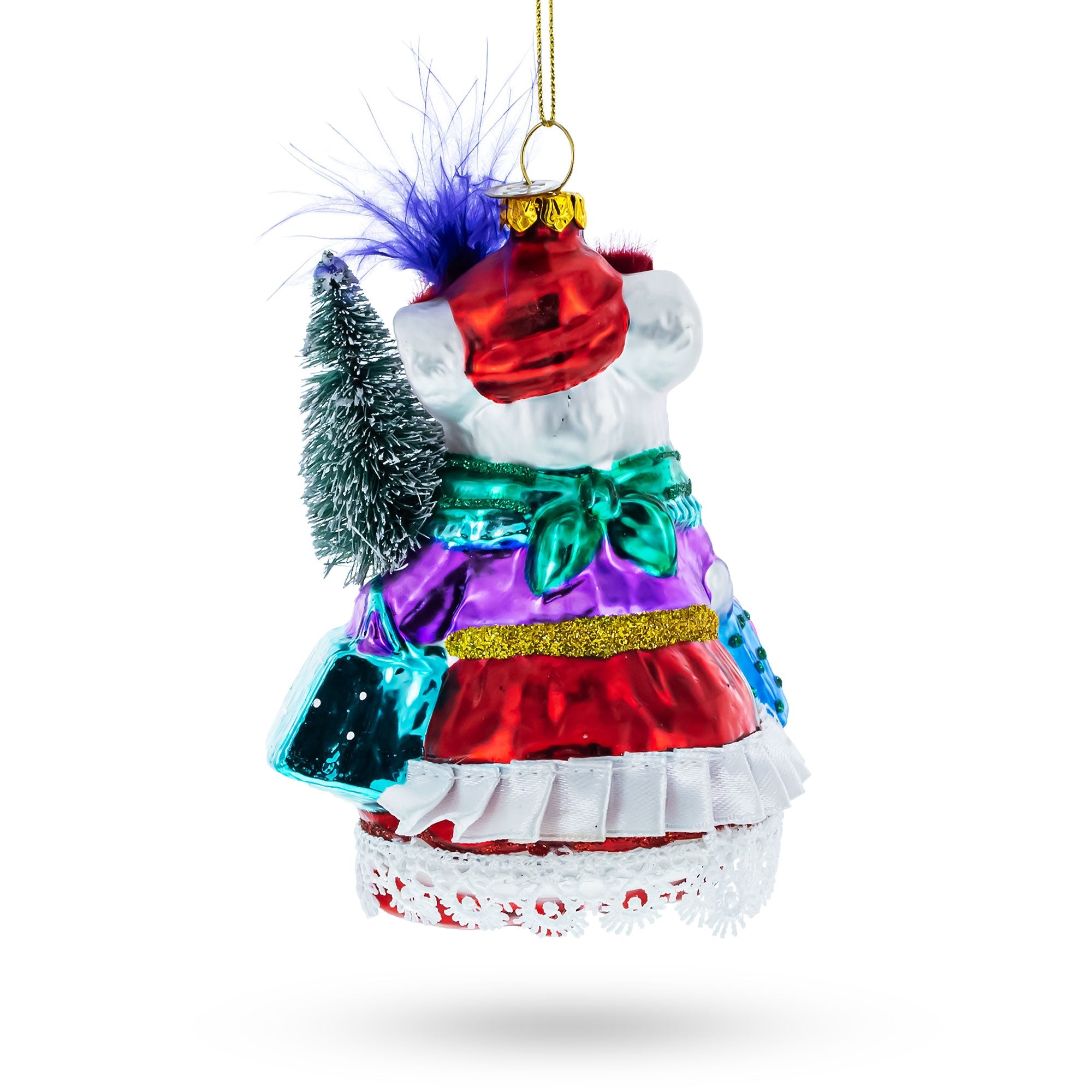 Fashionable Mouse With Tree And Gifts - Blown Glass Christmas Ornament