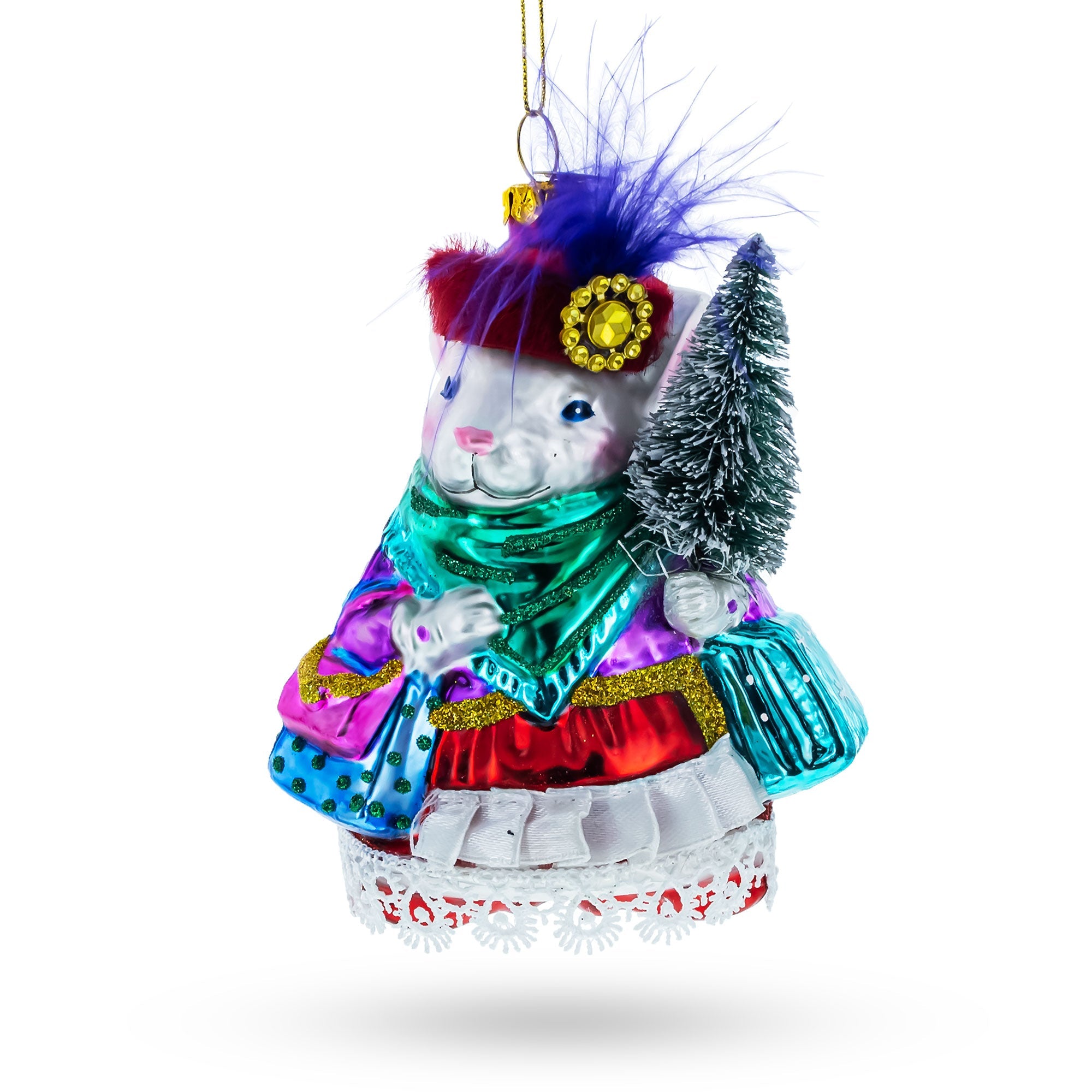 Fashionable Mouse With Tree And Gifts - Blown Glass Christmas Ornament