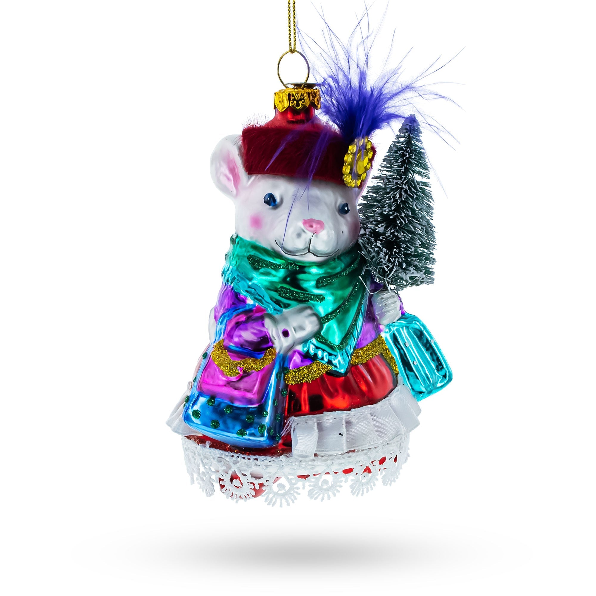 Fashionable Mouse With Tree And Gifts - Blown Glass Christmas Ornament