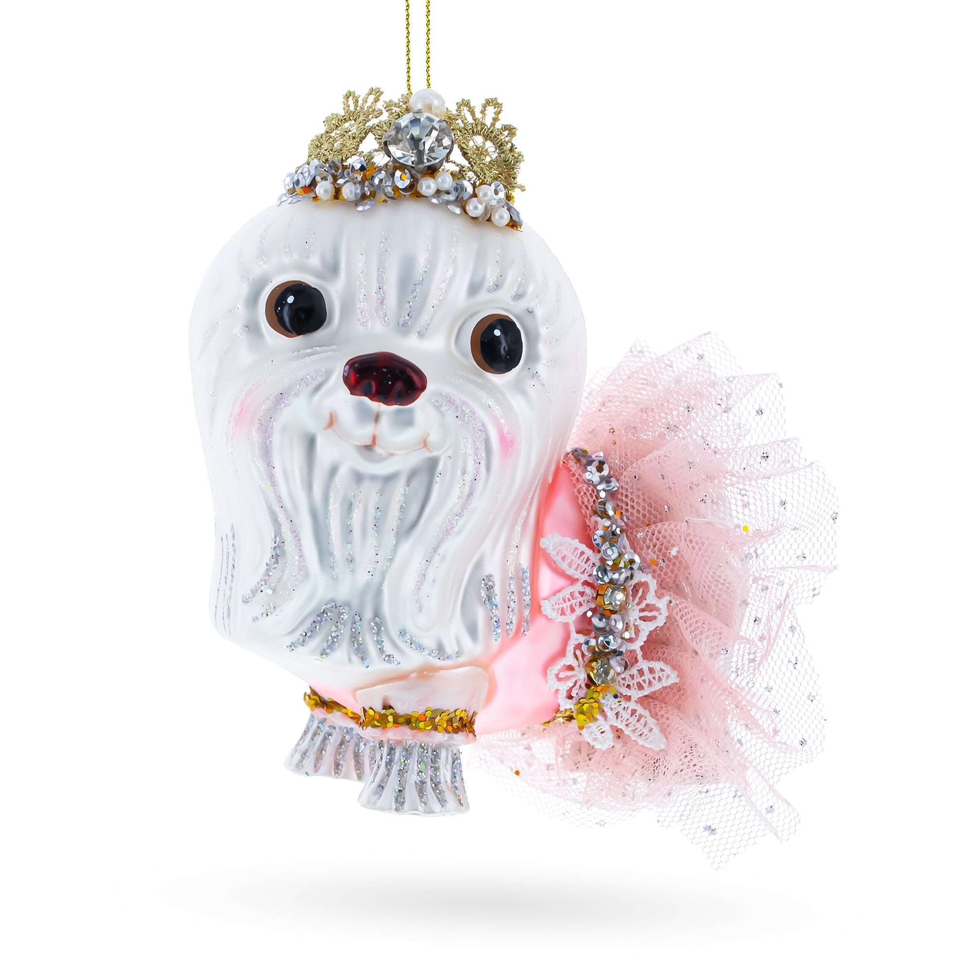 Lovable Bolonka Dog With Crown - Blown Glass Christmas Ornament