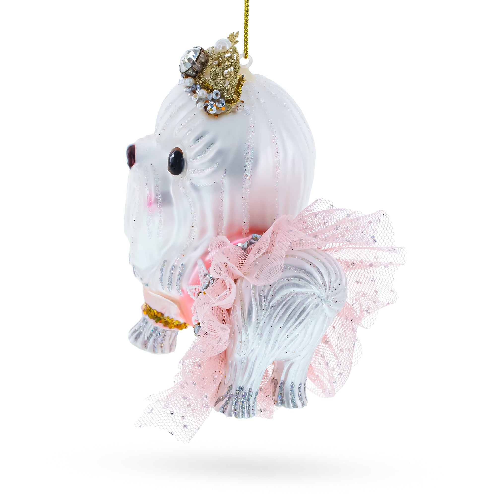 Lovable Bolonka Dog With Crown - Blown Glass Christmas Ornament