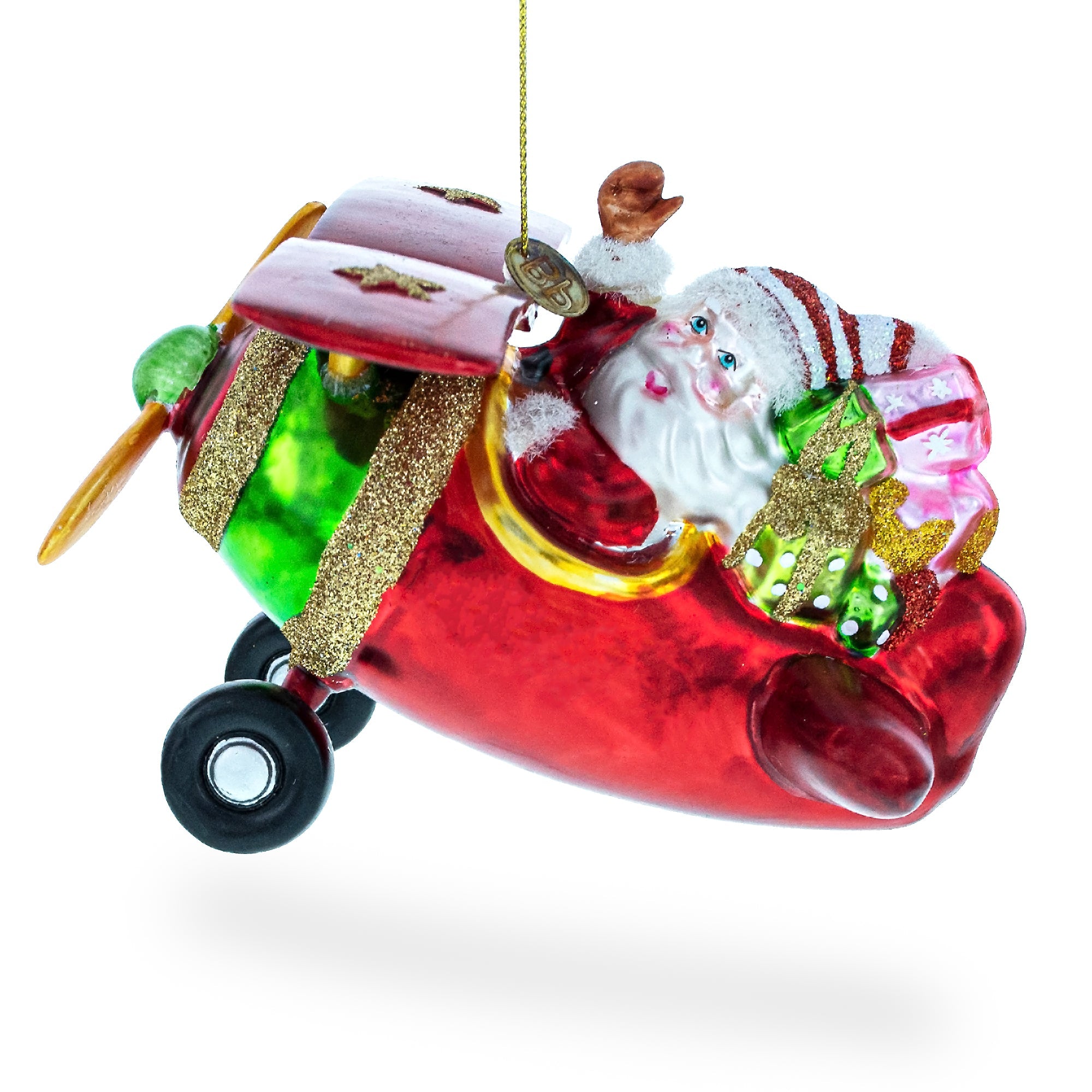 Joyful Pilot Santa Flying Airplane - Festive Blown Glass Christmas Ornament