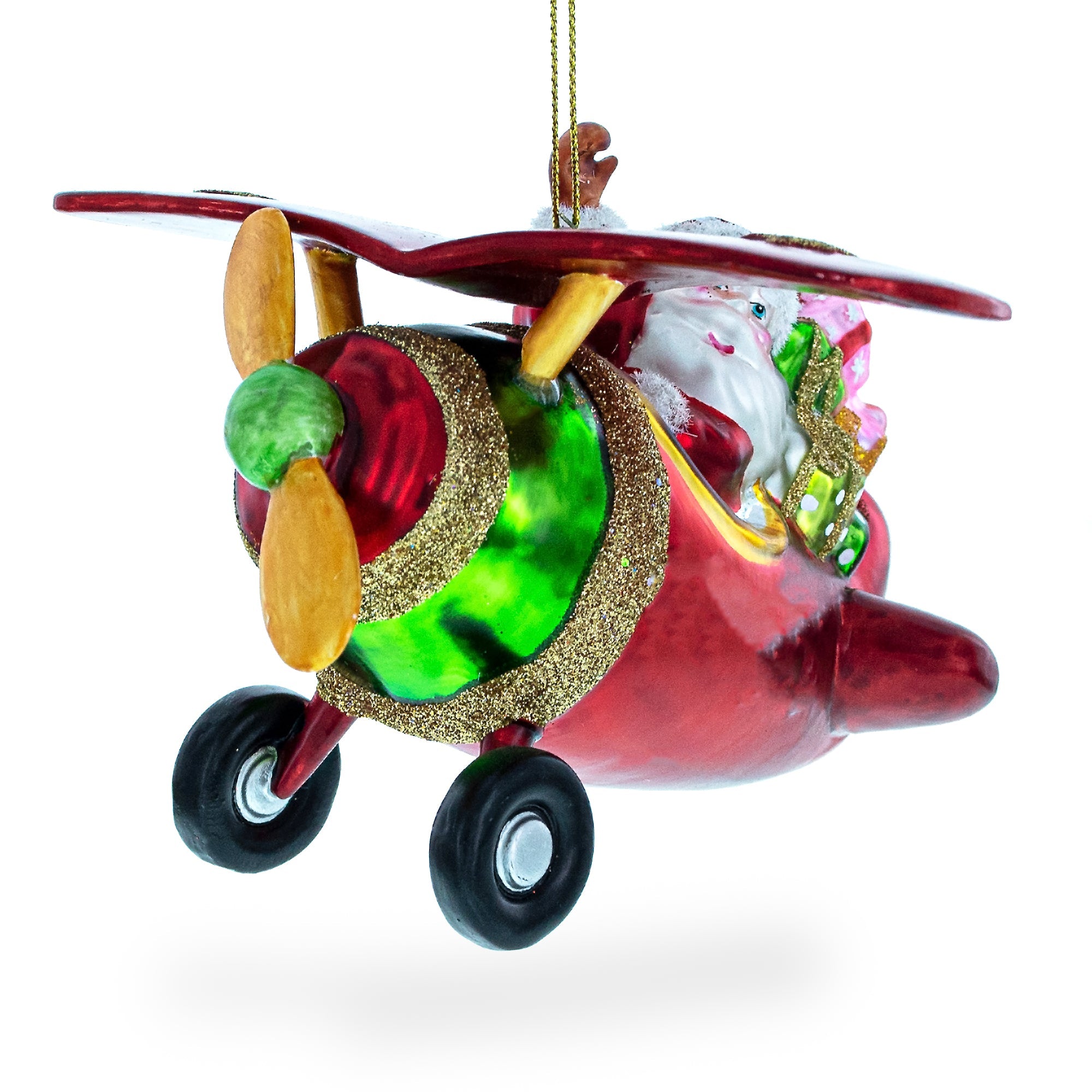 Joyful Pilot Santa Flying Airplane - Festive Blown Glass Christmas Ornament