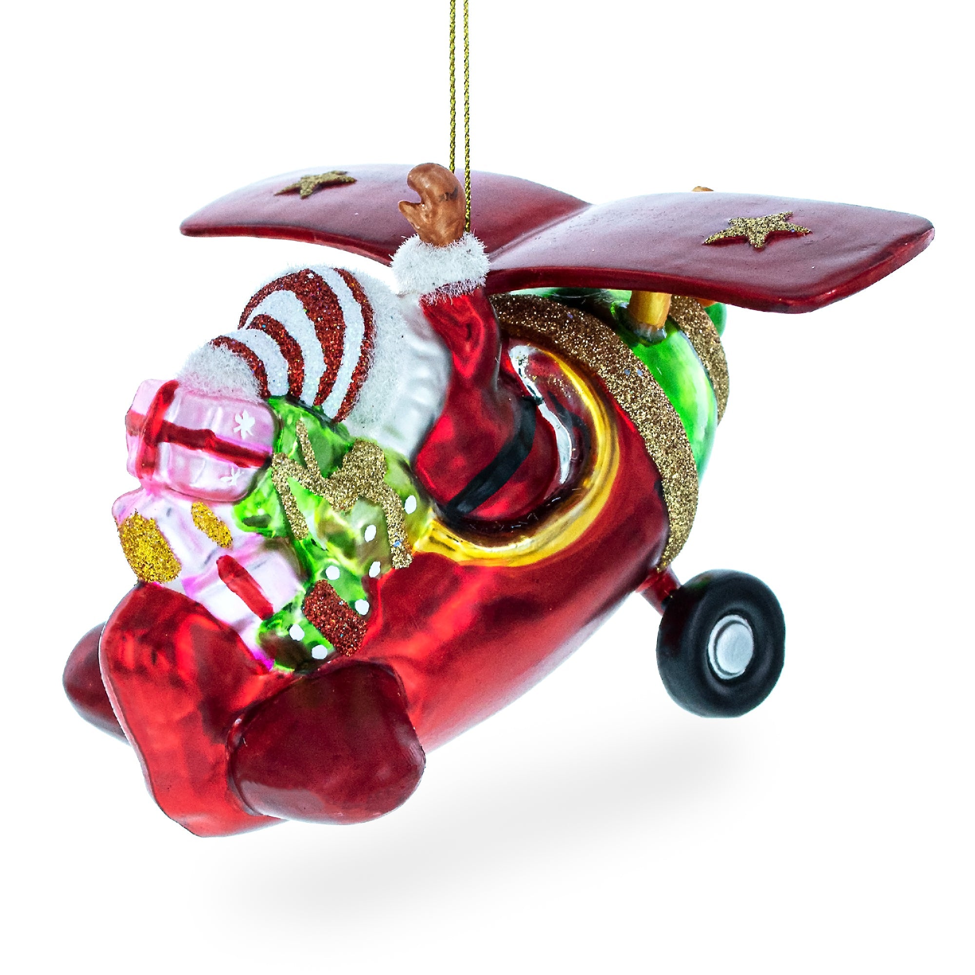 Joyful Pilot Santa Flying Airplane - Festive Blown Glass Christmas Ornament