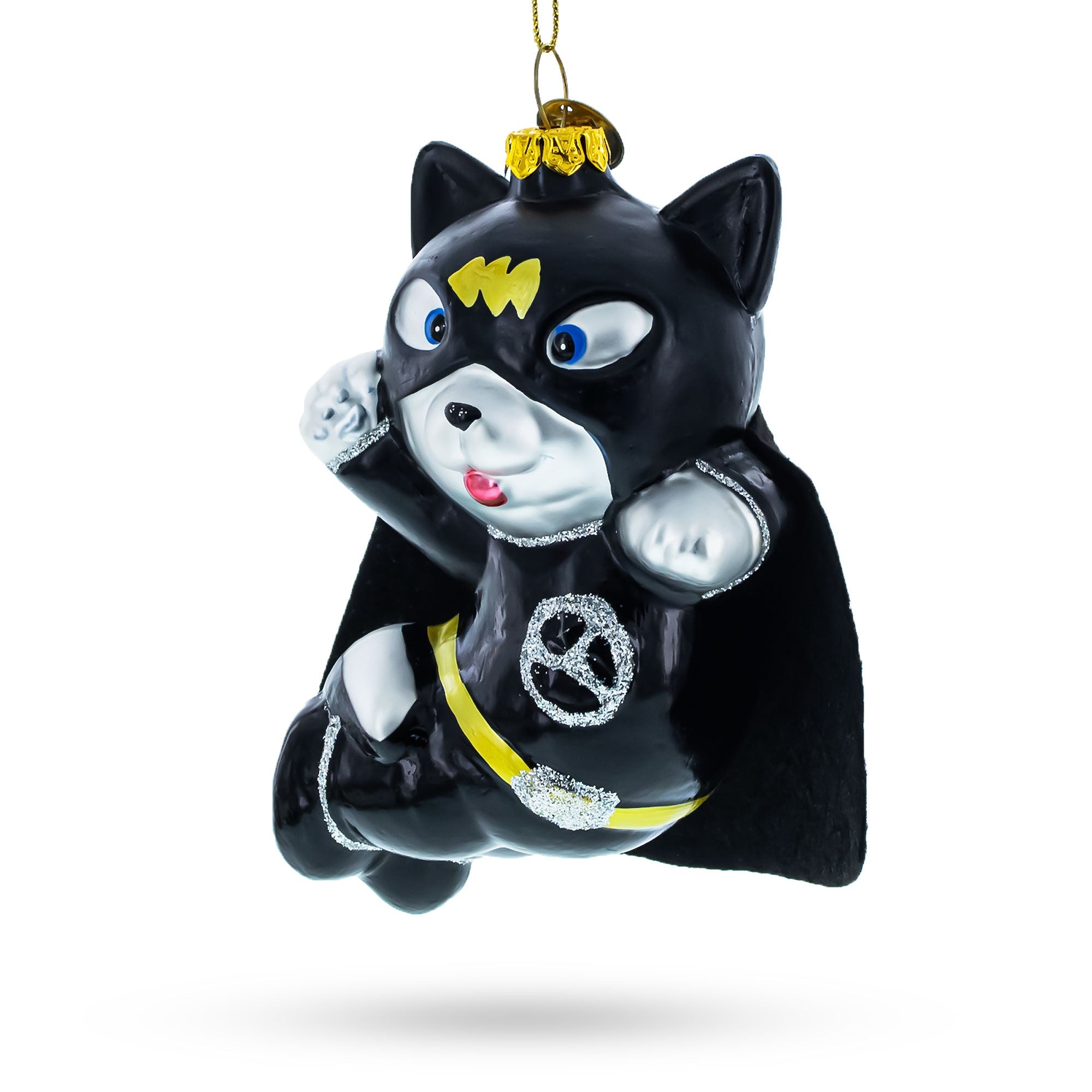 Flying Super Dog In Black Costume - Blown Glass Christmas Ornament