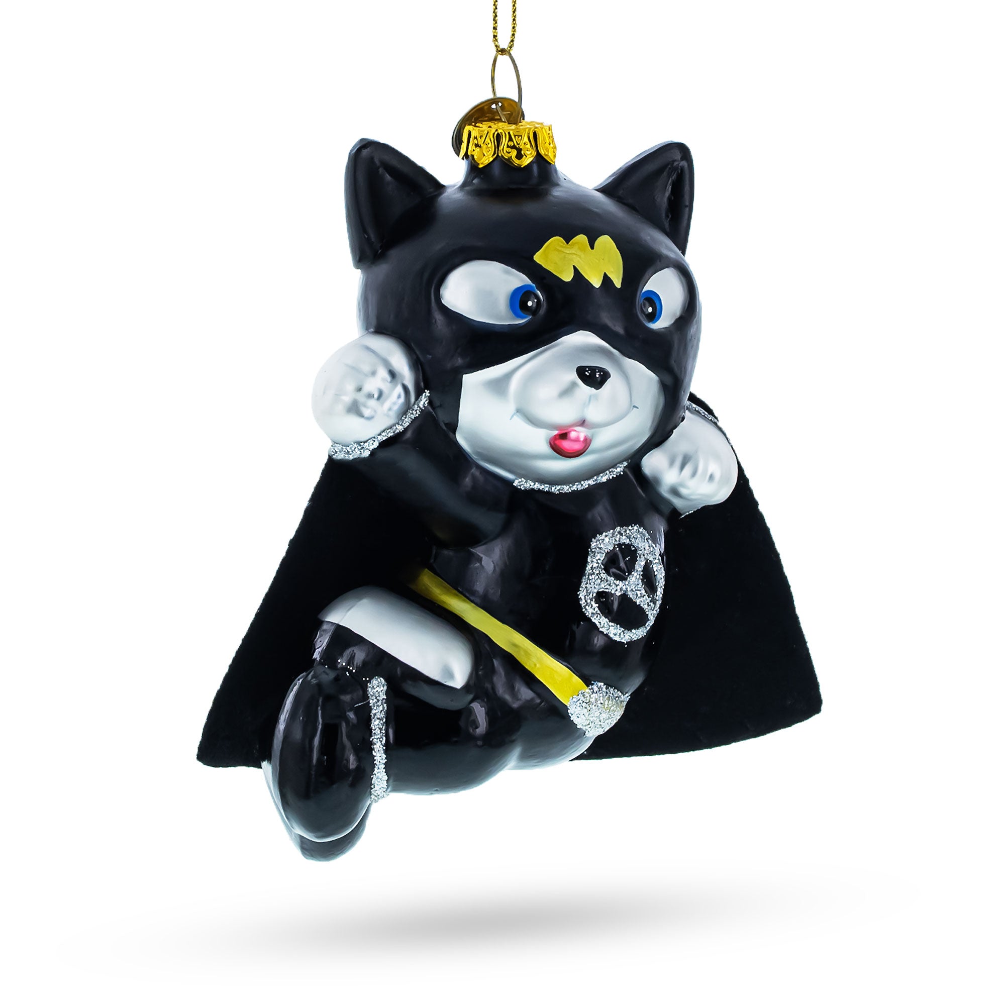 Flying Super Dog In Black Costume - Blown Glass Christmas Ornament