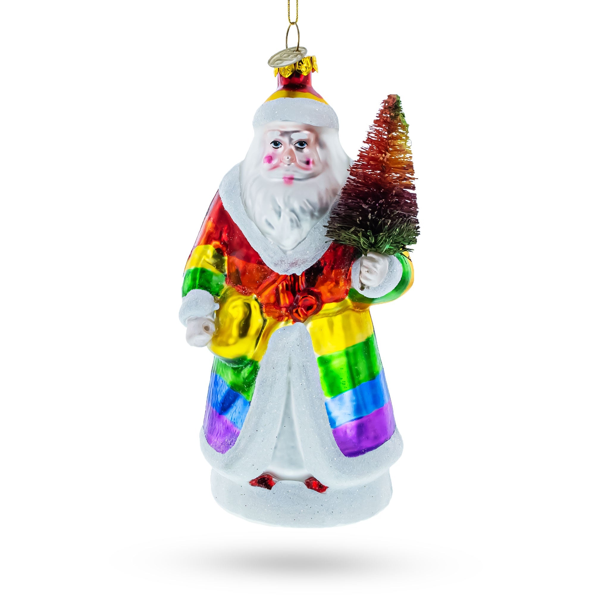 Rainbow-clad Santa Holding A Christmas Tree - Blown Glass Christmas Ornament