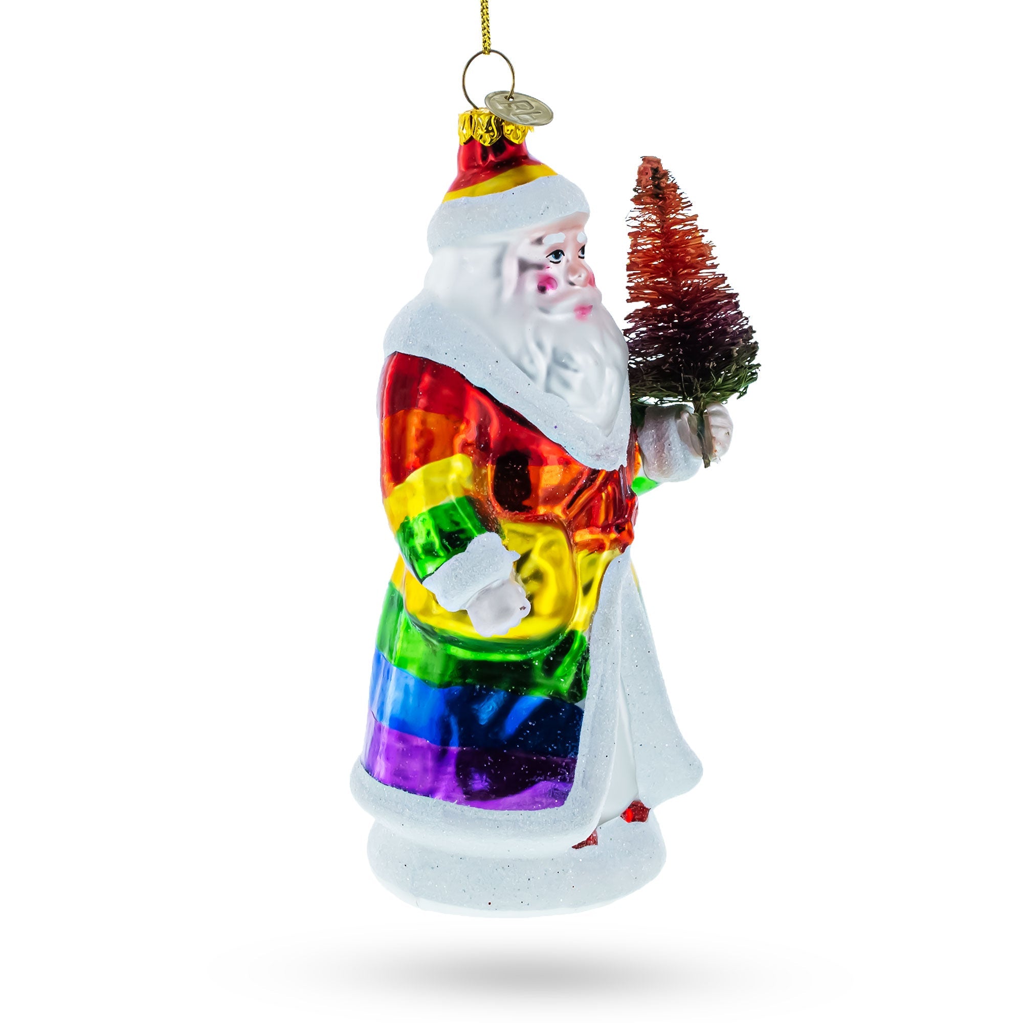 Rainbow-clad Santa Holding A Christmas Tree - Blown Glass Christmas Ornament