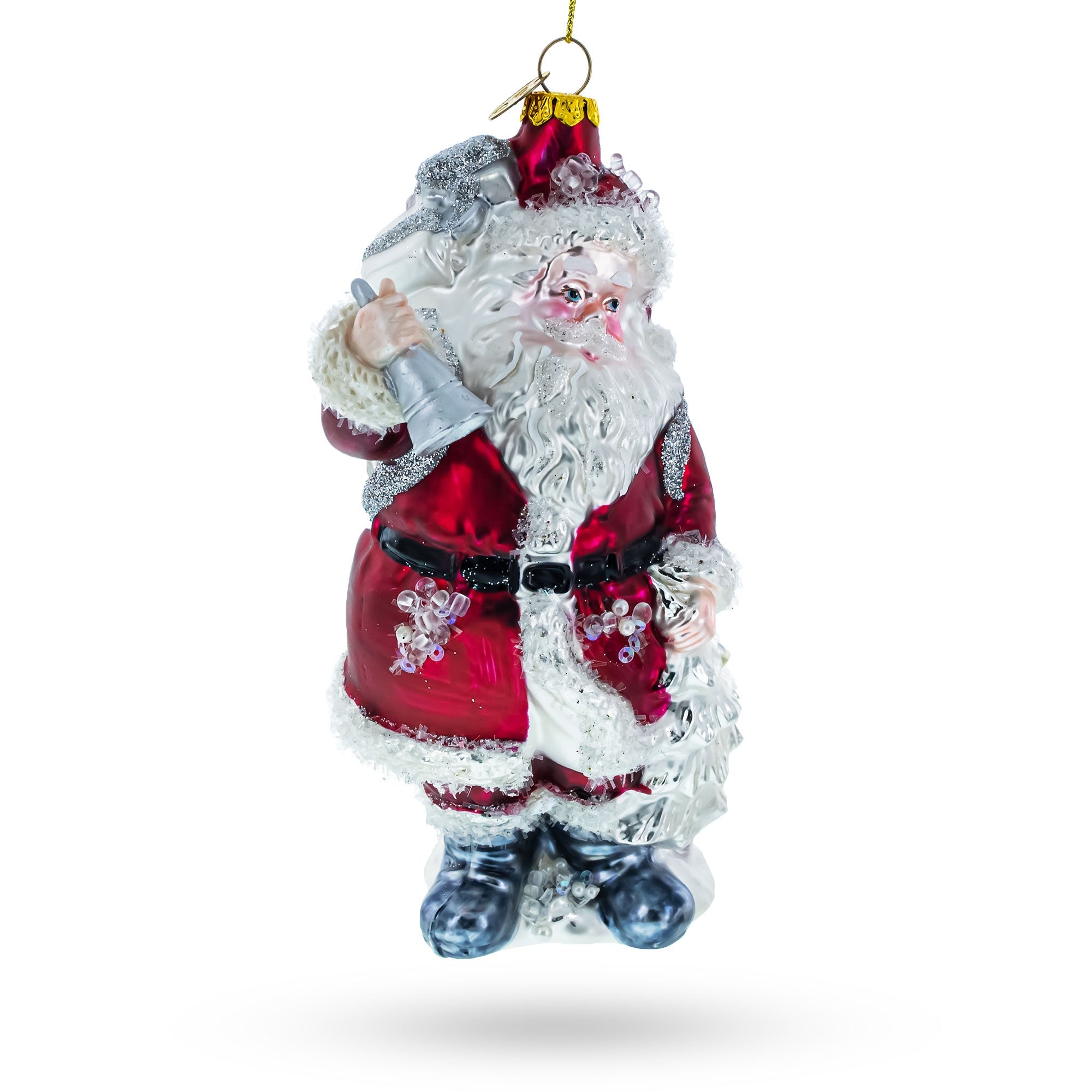 Jolly Santa Ringing A Golden Bell - Blown Glass Christmas Ornament