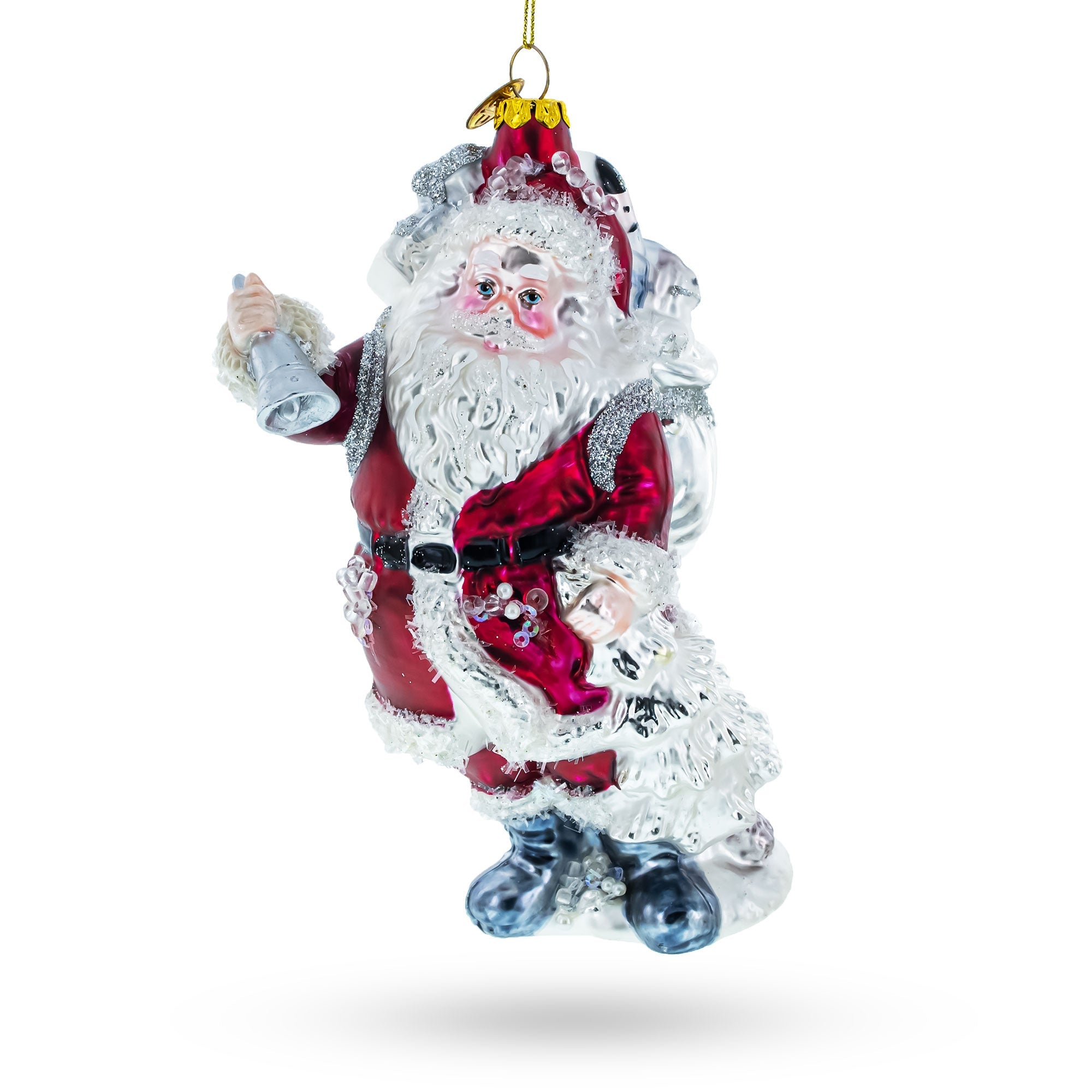 Jolly Santa Ringing A Golden Bell - Blown Glass Christmas Ornament