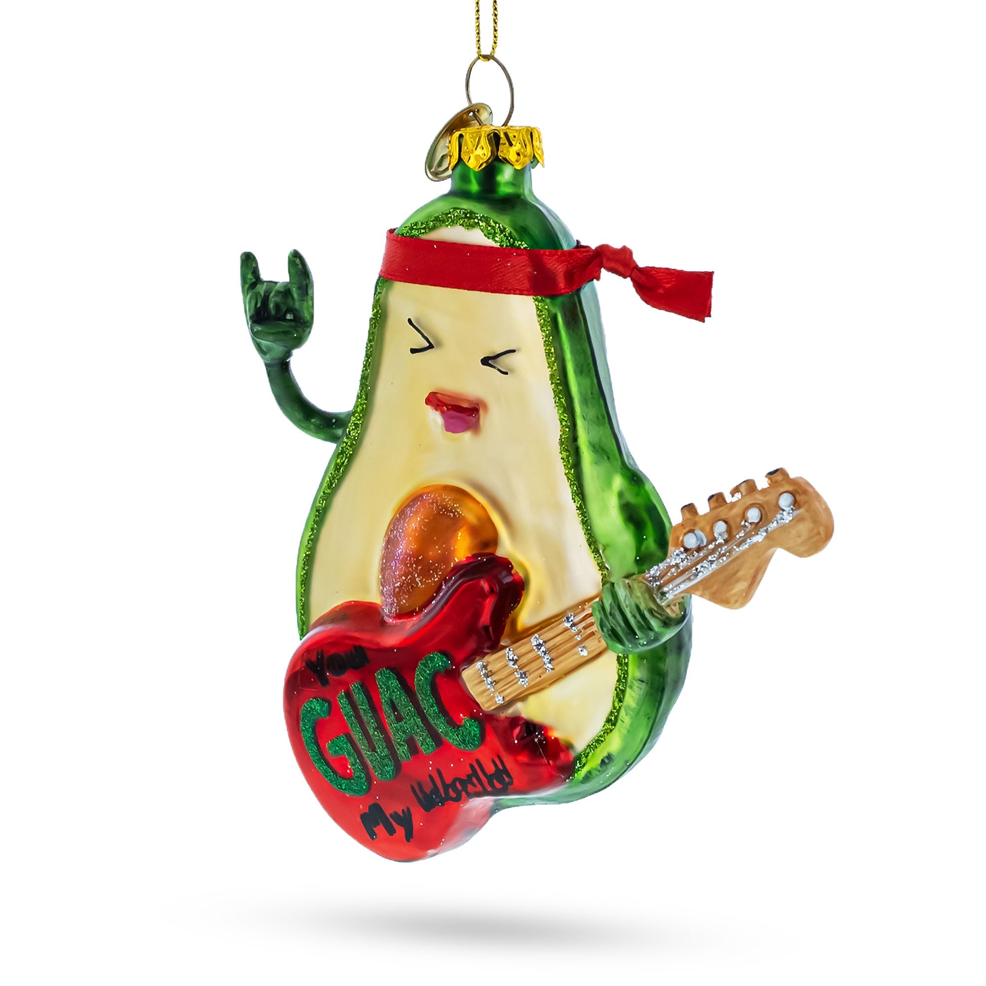 Musical Avocado Strumming A Guitar - Blown Glass Christmas Ornament