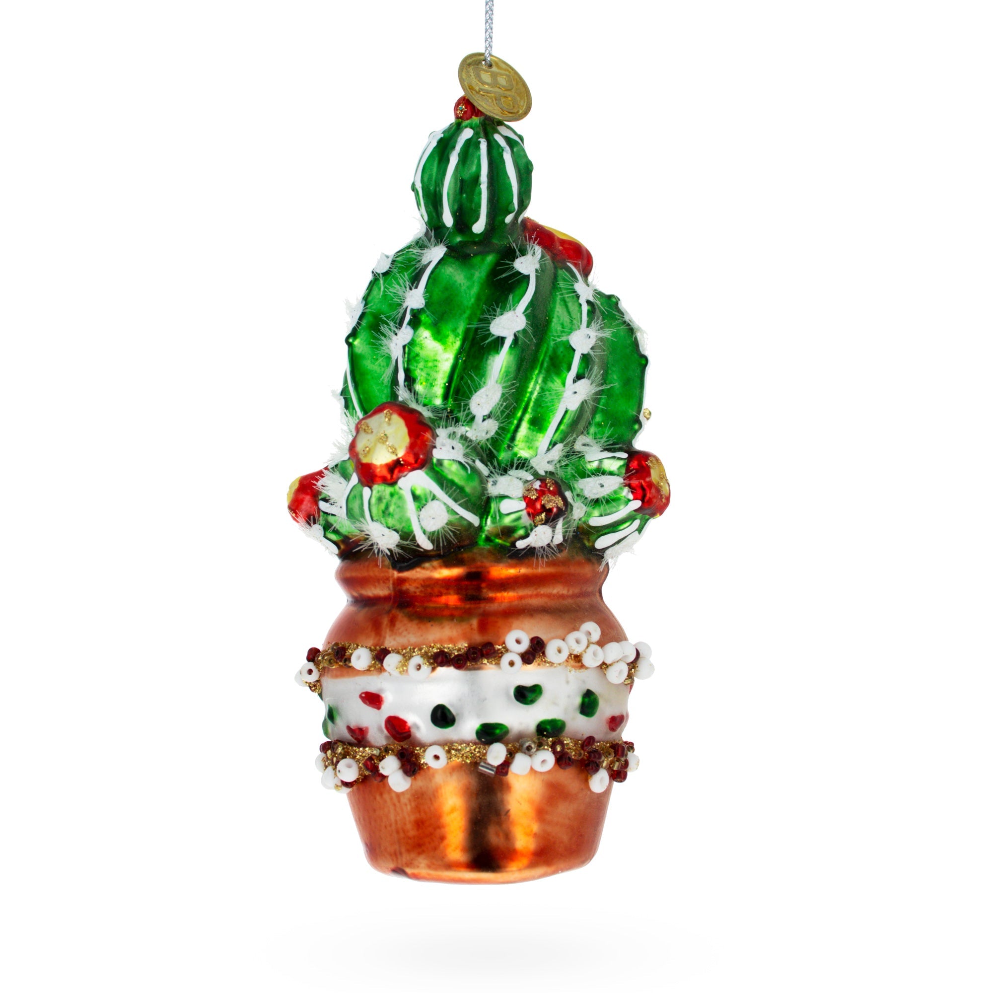 Festively Decorated Cactus In A Pot - Blown Glass Christmas Ornament