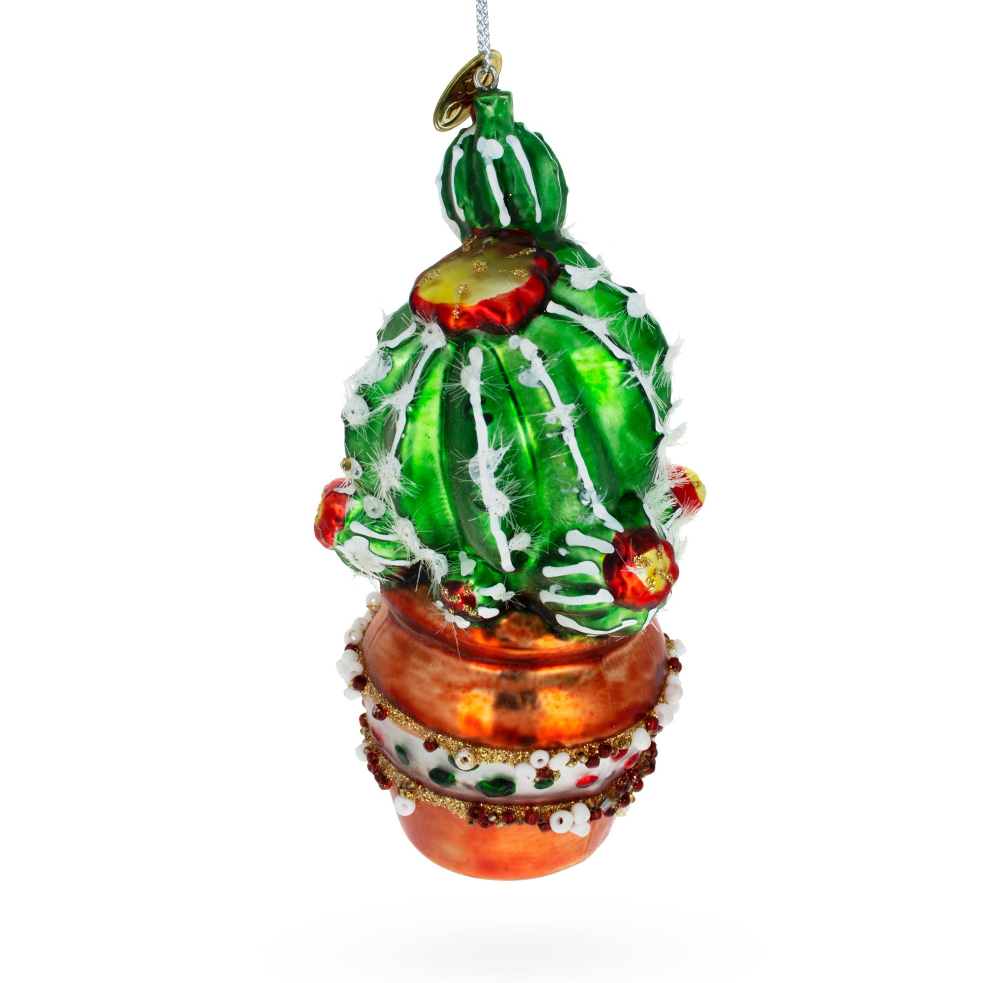 Festively Decorated Cactus In A Pot - Blown Glass Christmas Ornament