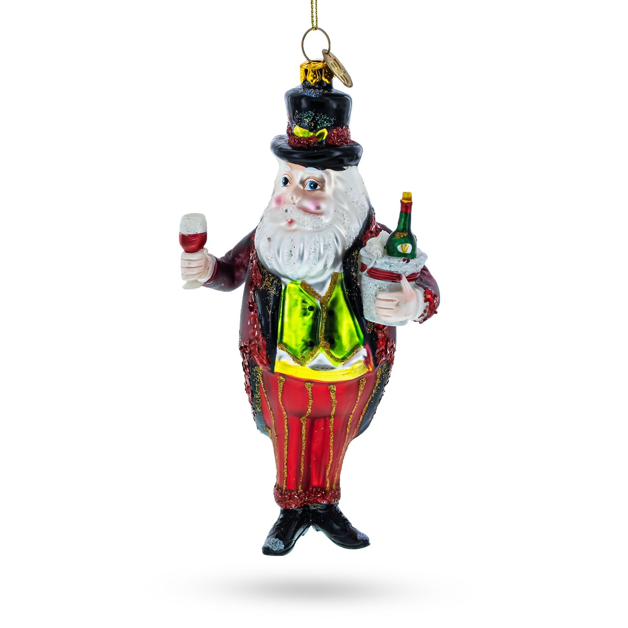 Santa Toasting With A Glass Of Red Wine - Blown Glass Christmas Ornament