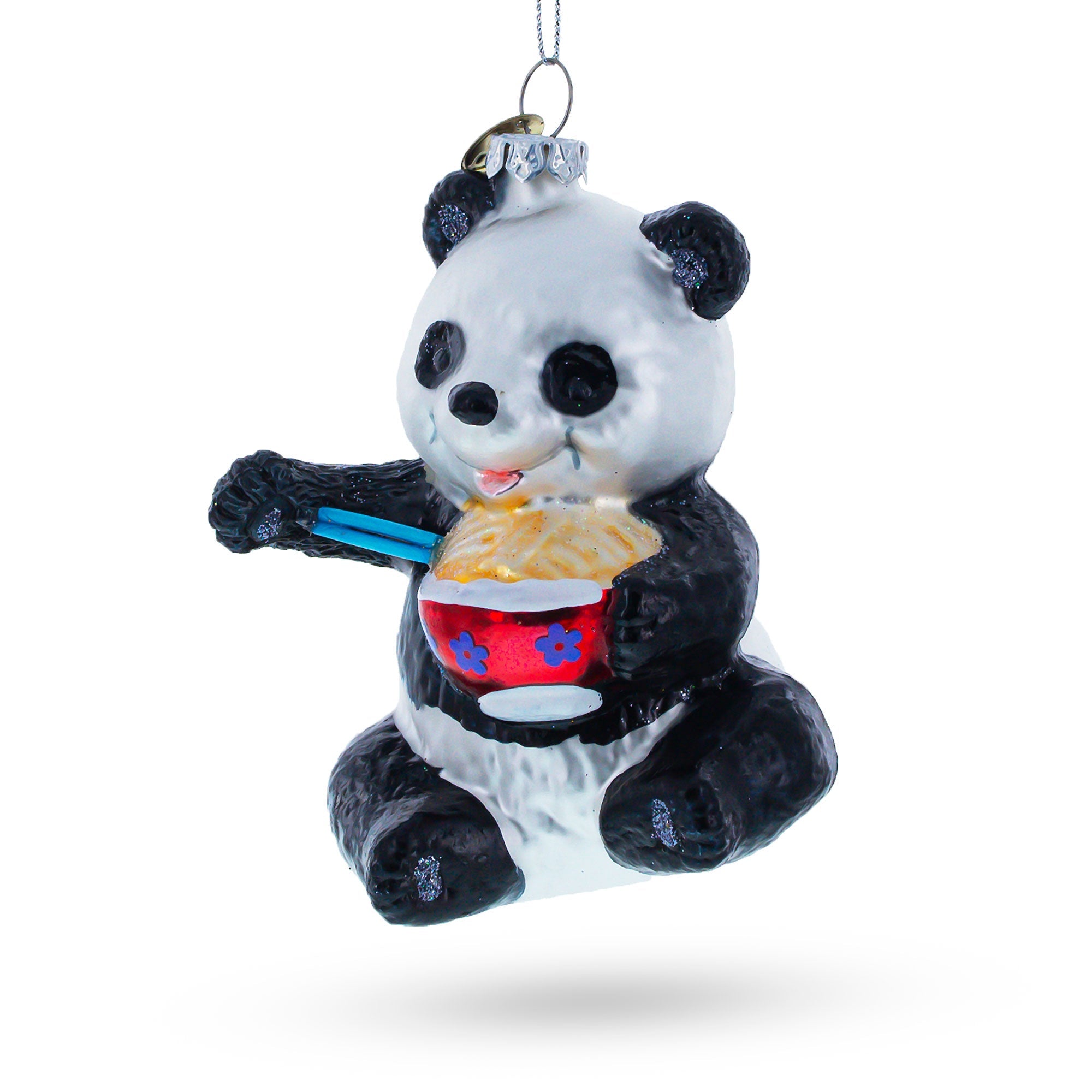 Panda Relishing Noodles - Blown Glass Christmas Ornament