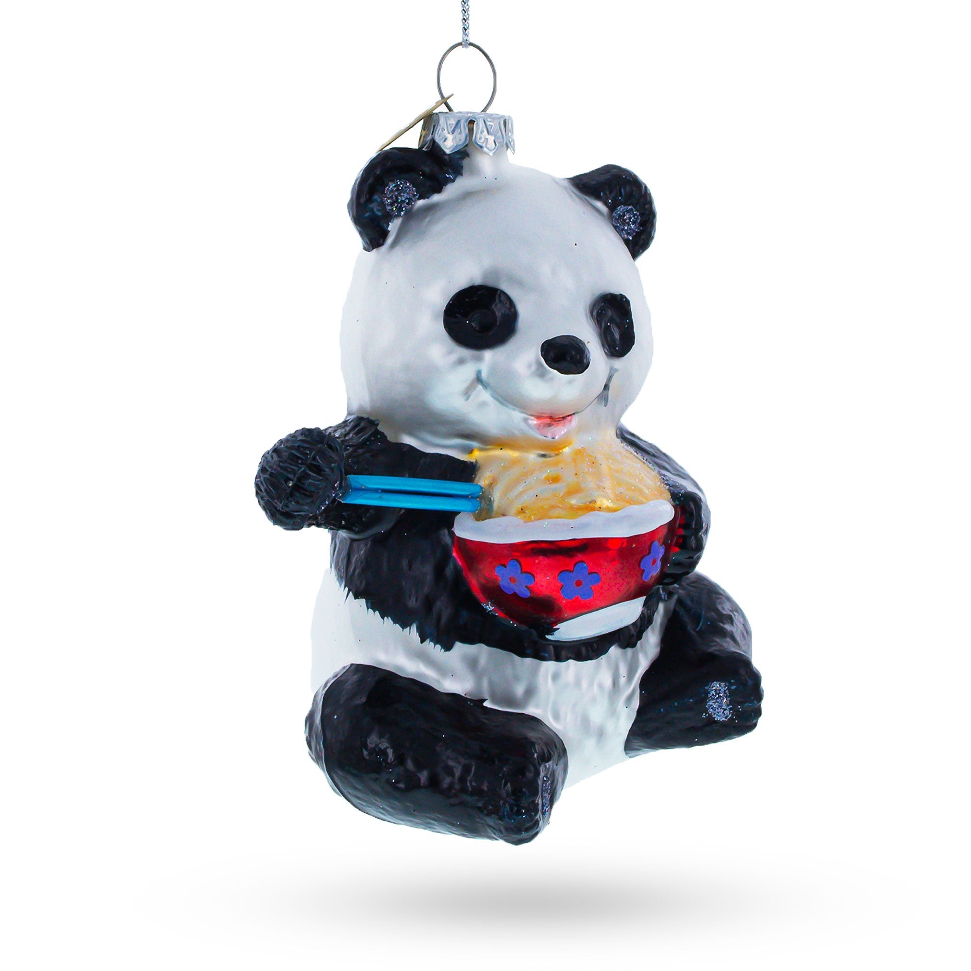 Panda Relishing Noodles - Blown Glass Christmas Ornament