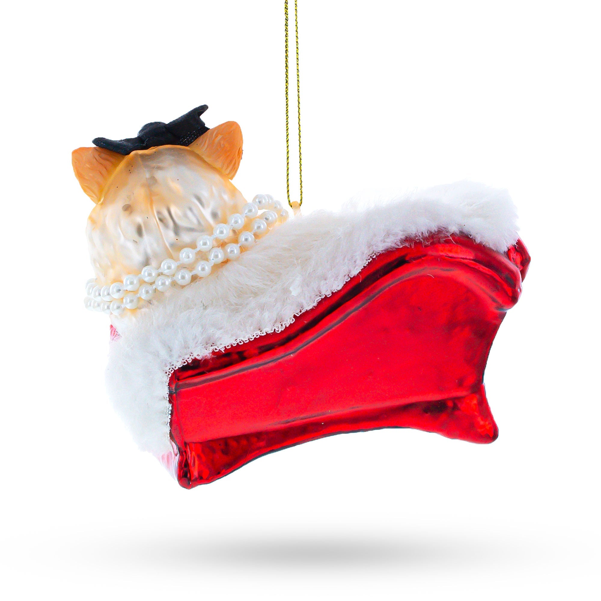 Elegant Cat In Pearl Necklace Lounging On Luxurious Sofa - Blown Glass Christmas Ornament