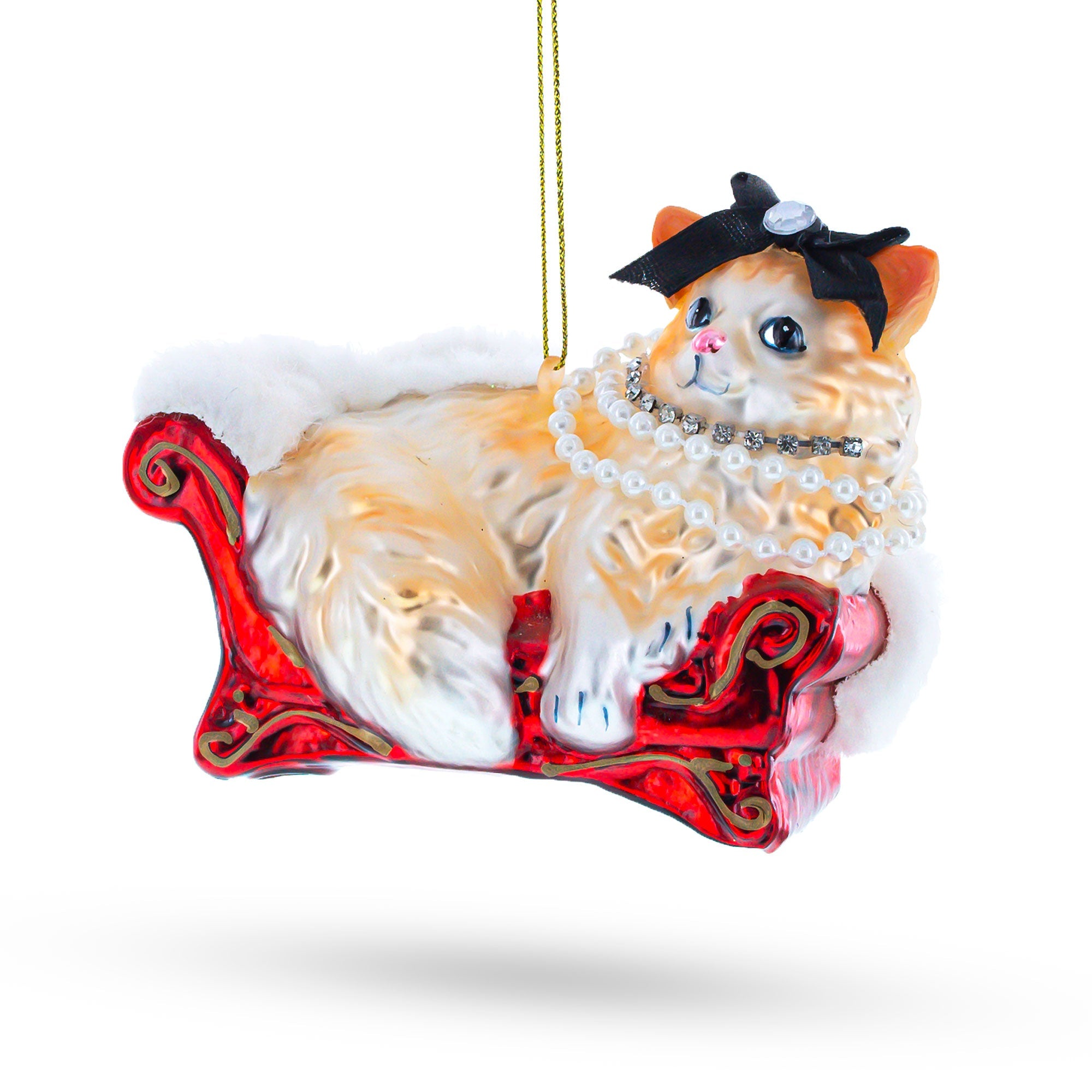 Elegant Cat In Pearl Necklace Lounging On Luxurious Sofa - Blown Glass Christmas Ornament