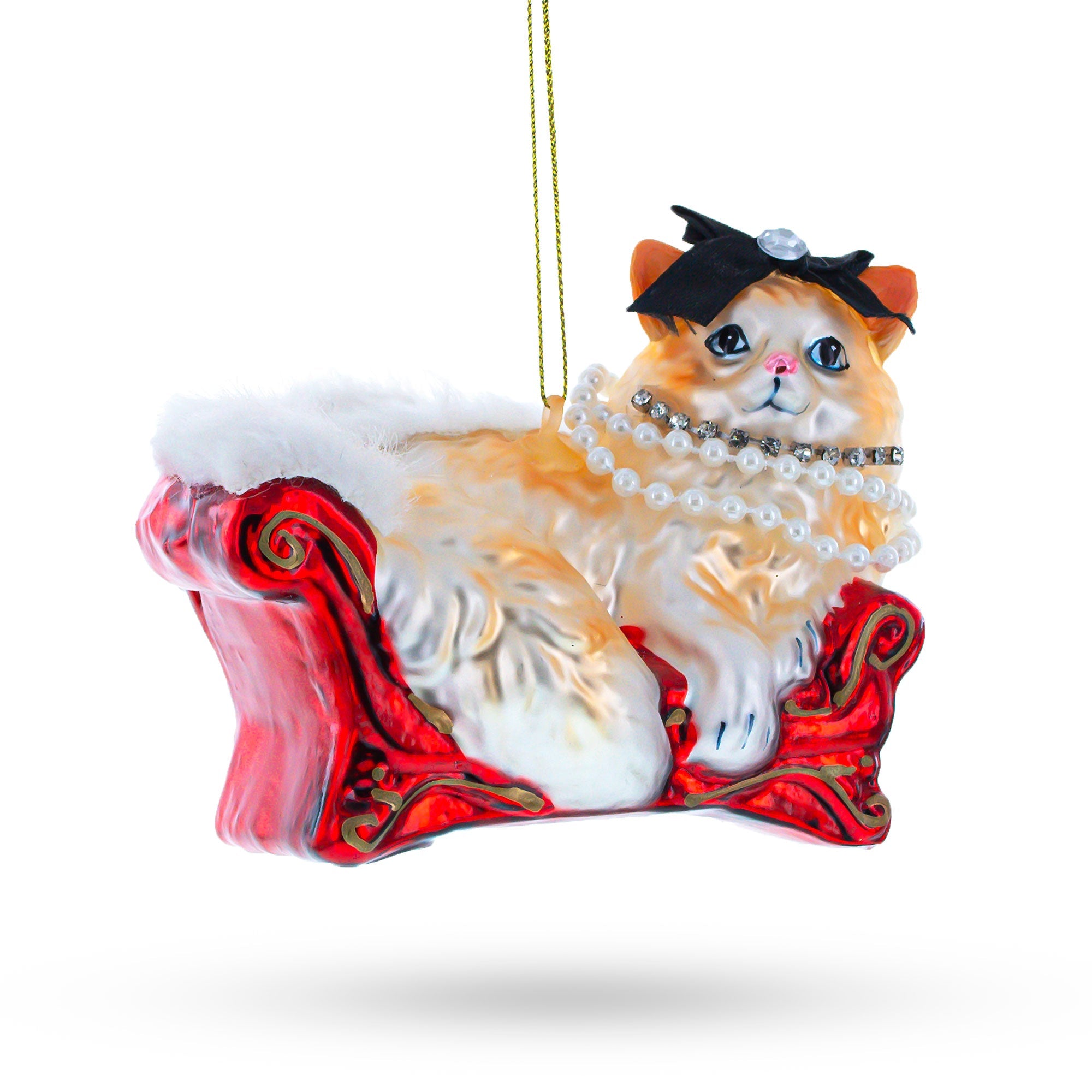 Elegant Cat In Pearl Necklace Lounging On Luxurious Sofa - Blown Glass Christmas Ornament