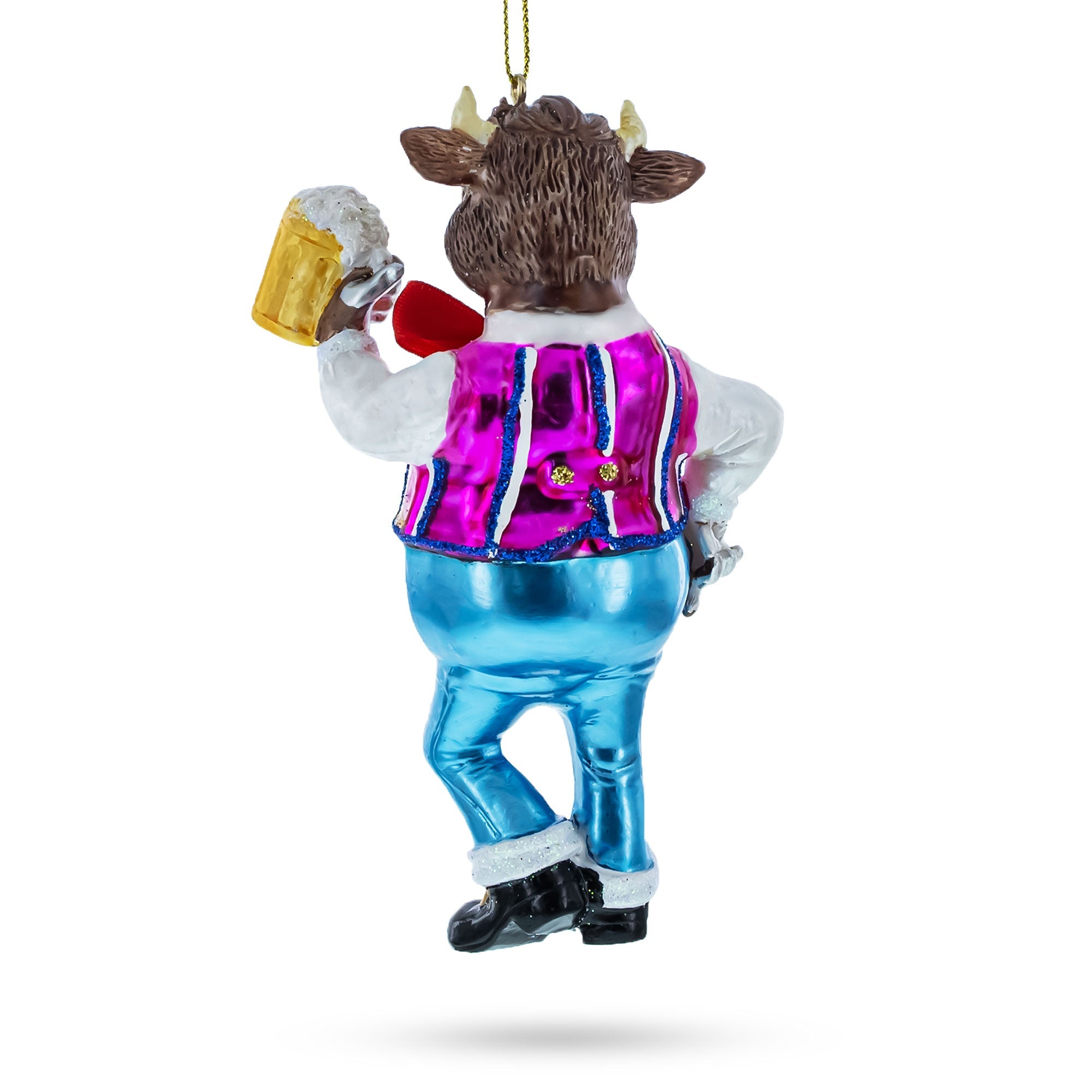 Cheers! Bull Hoisting A Cold One Beer - Blown Glass Christmas Ornament