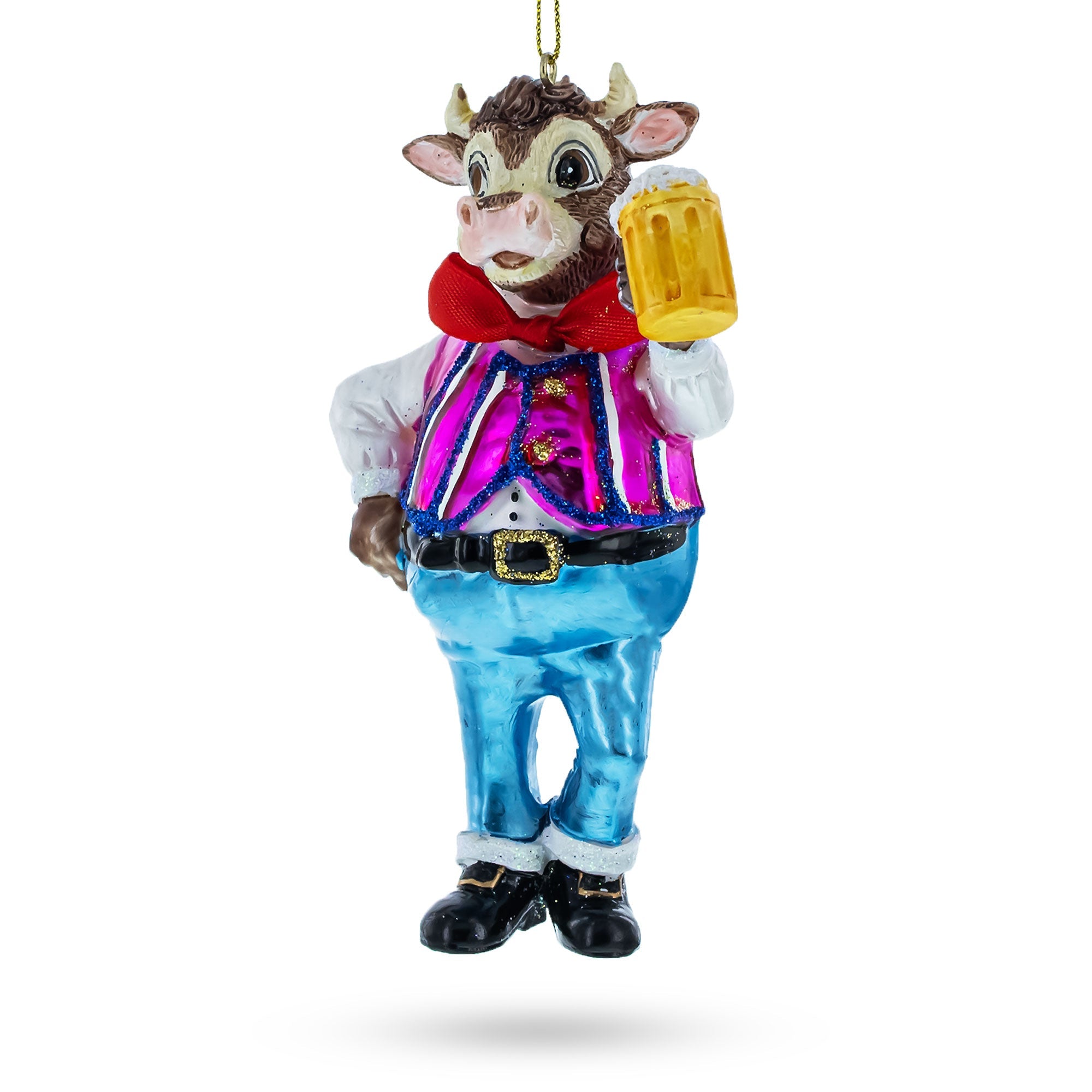 Cheers! Bull Hoisting A Cold One Beer - Blown Glass Christmas Ornament