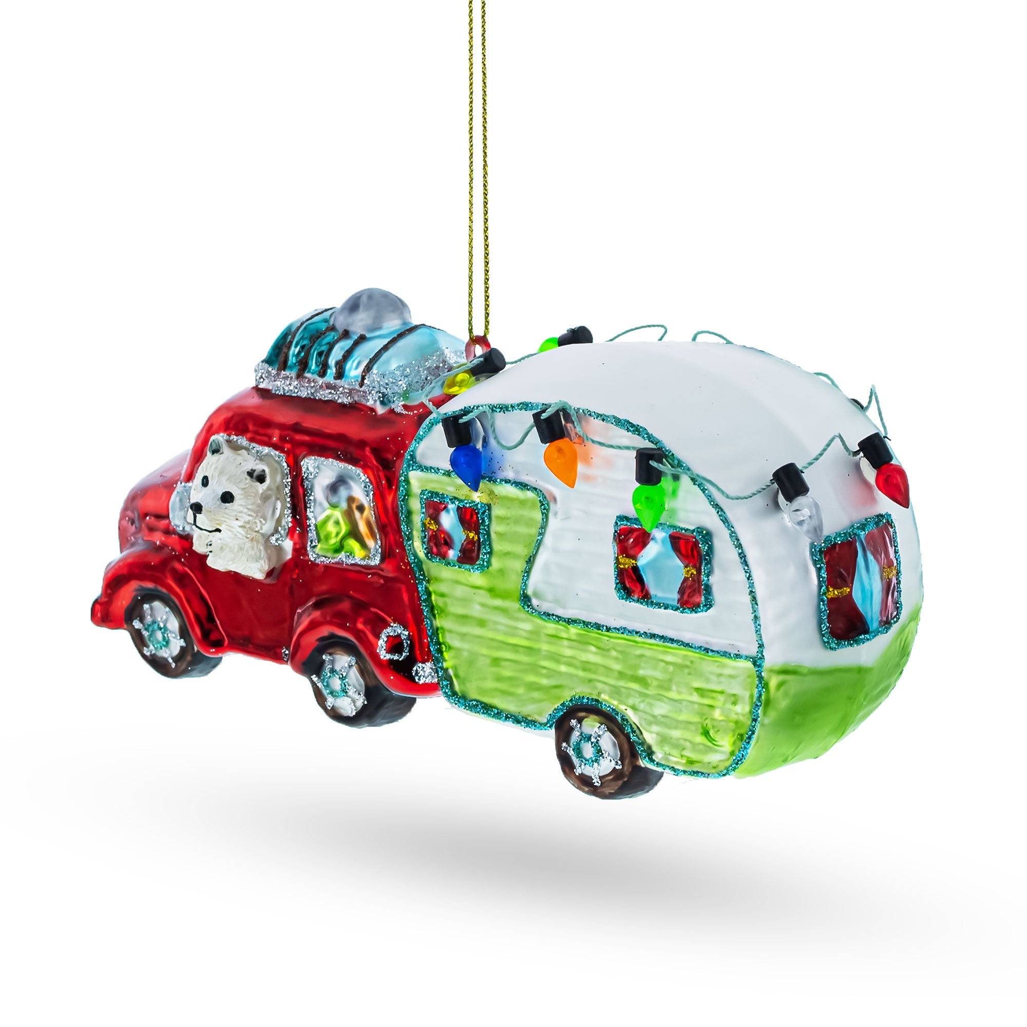 Adventurous Bear Behind The Wheel Of A Camper - Blown Glass Christmas Ornament