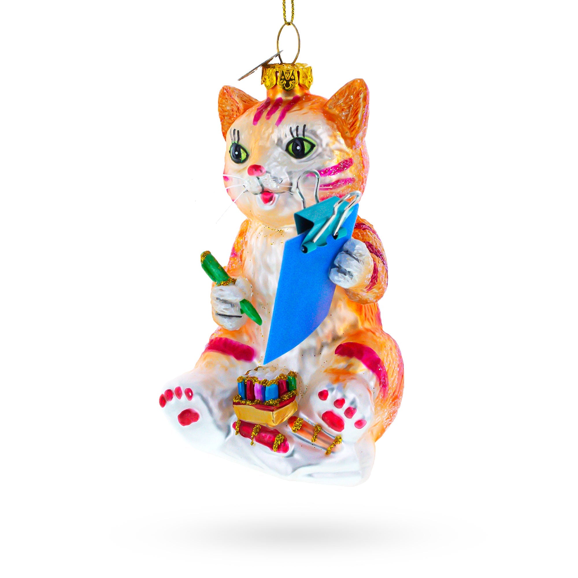 Artistic Cat Creating A Self-portrait - Blown Glass Christmas Ornament