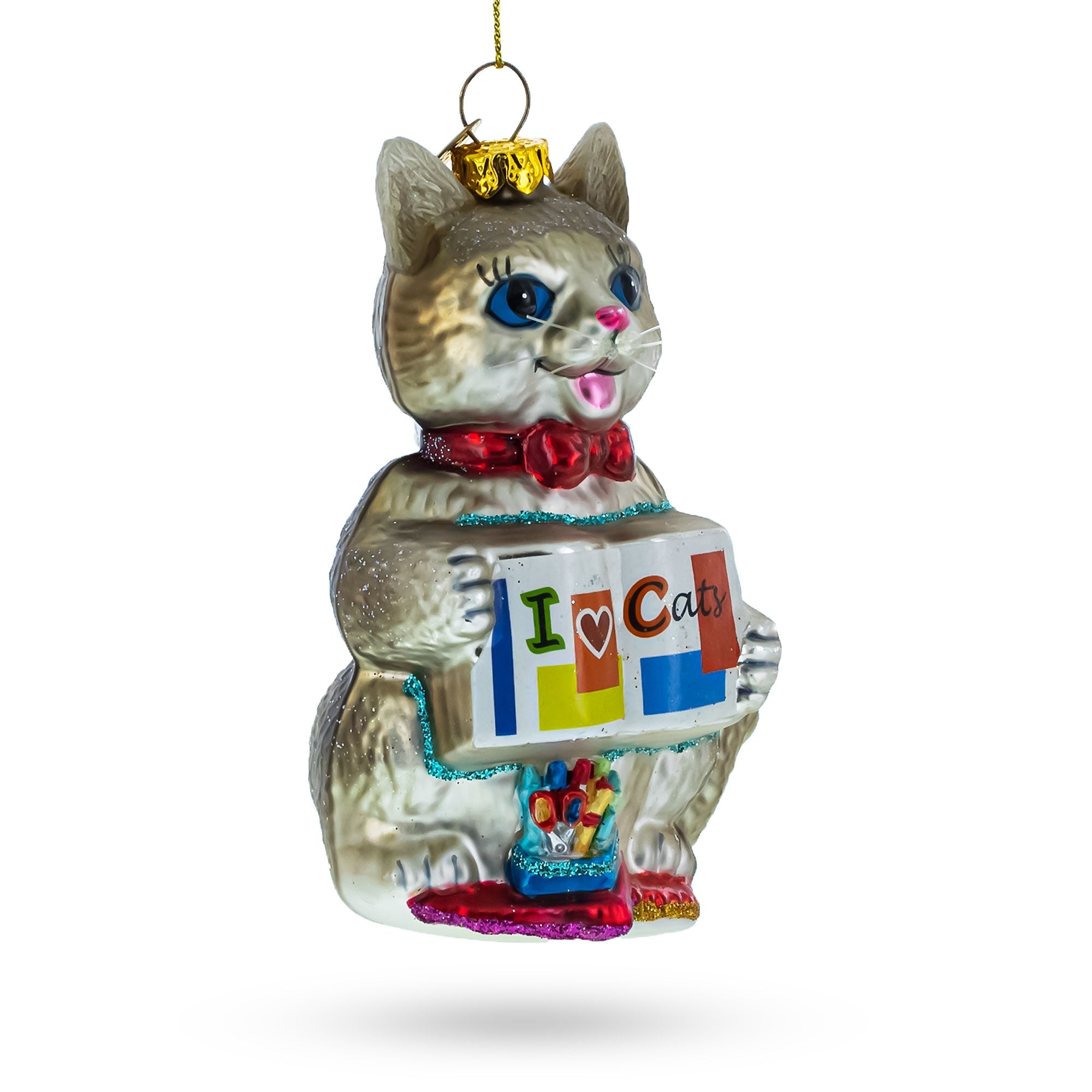 Creative Cat With Crayons - Blown Glass Christmas Ornament