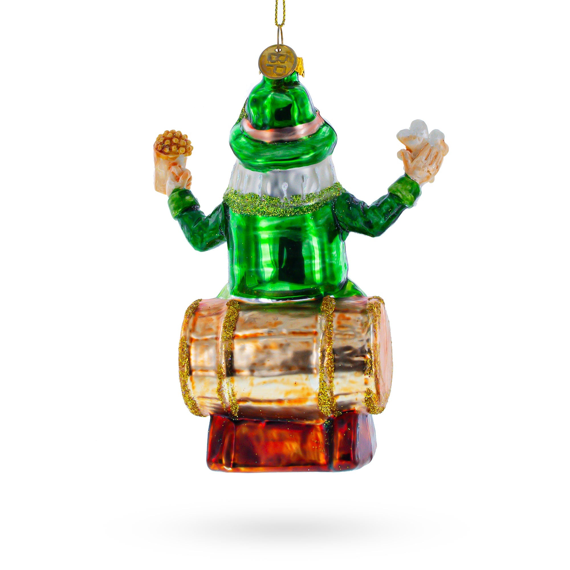 Jolly Irish Santa Sitting On A Whiskey Barrel - Blown Glass Christmas Ornament