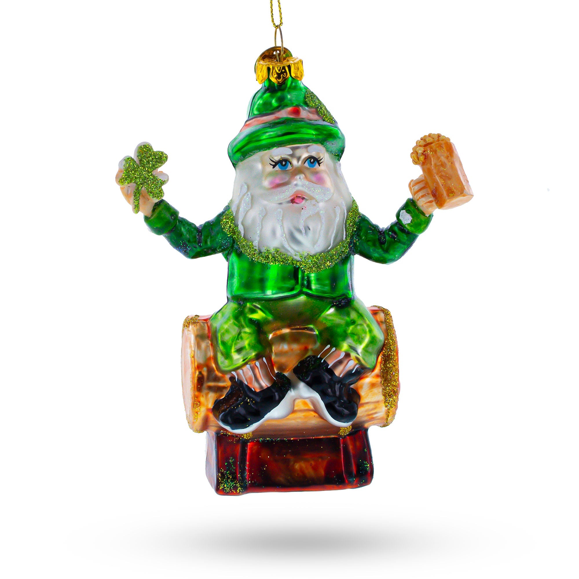 Jolly Irish Santa Sitting On A Whiskey Barrel - Blown Glass Christmas Ornament