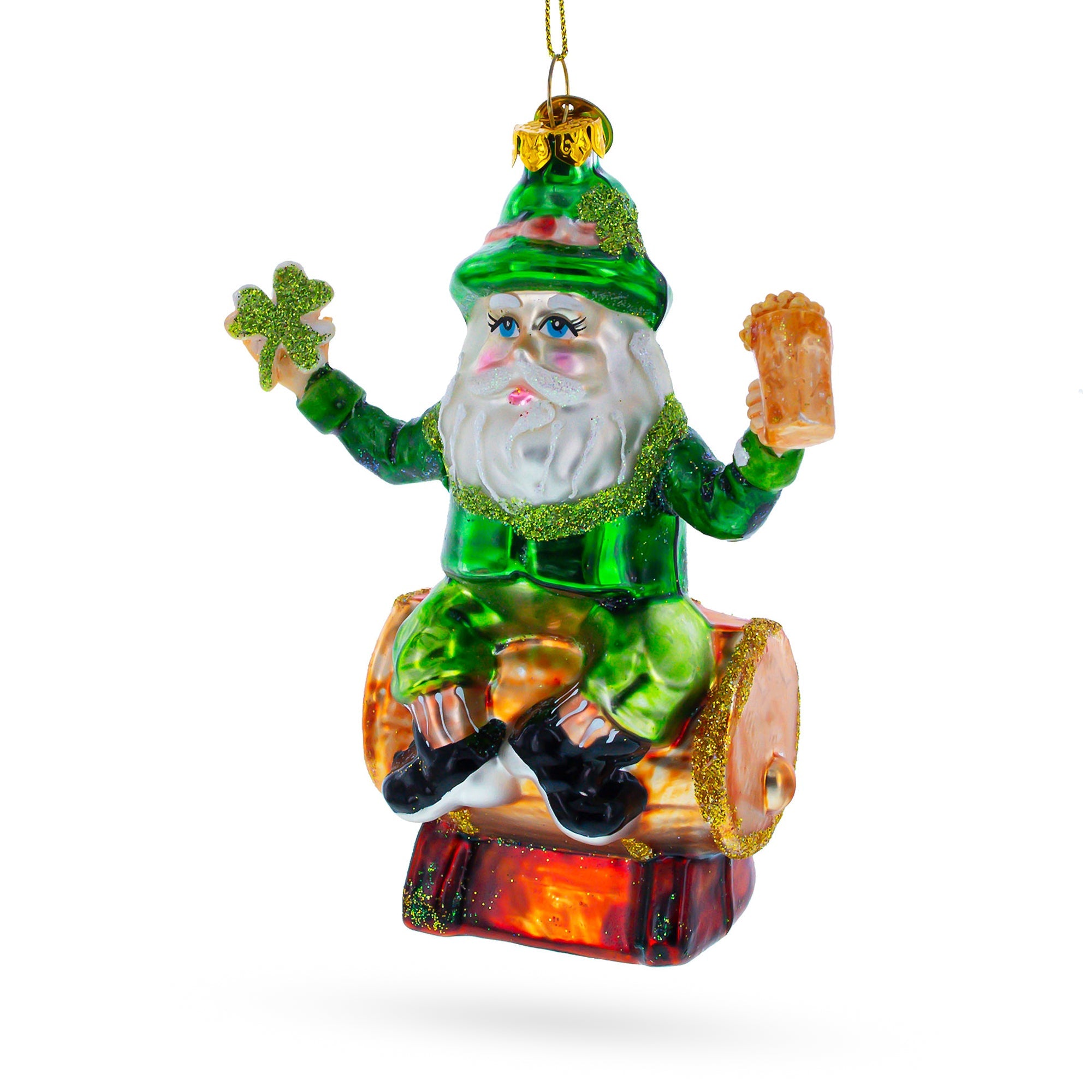 Jolly Irish Santa Sitting On A Whiskey Barrel - Blown Glass Christmas Ornament