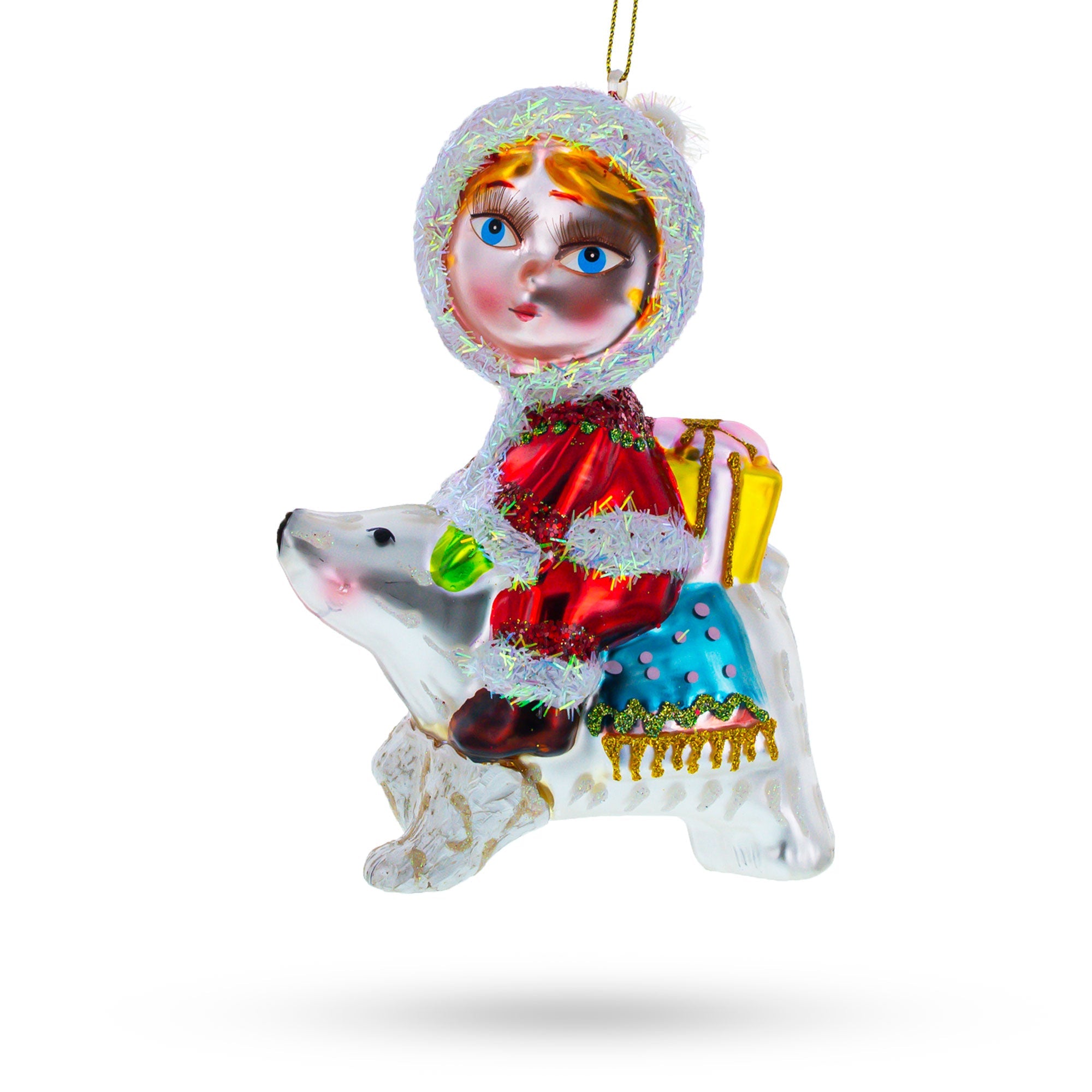 Enchanting Girl Riding A Polar Bear Hand - Blown Glass Christmas Ornament