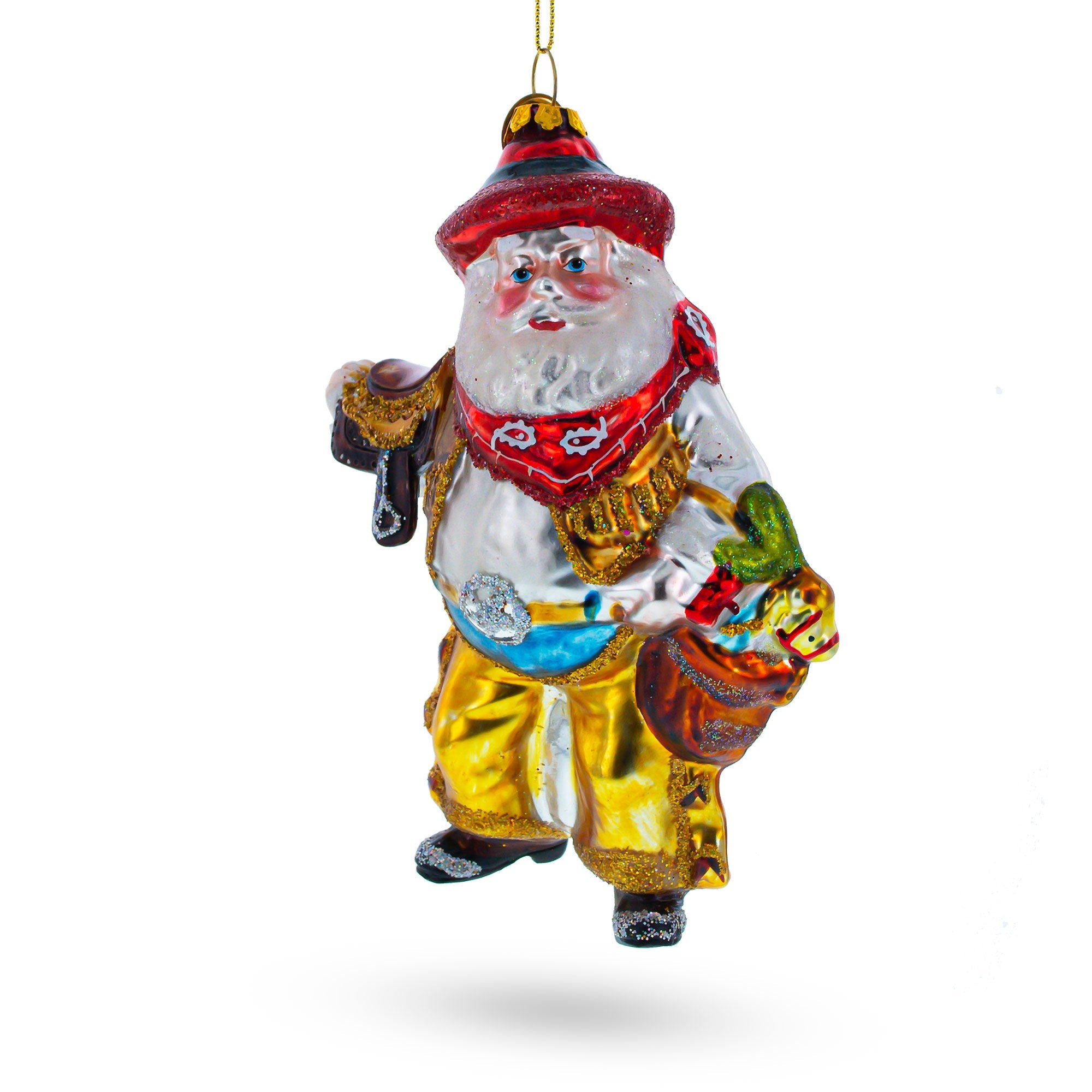 Rodeo Santa In Cowboy Gear - Blown Glass Christmas Ornament