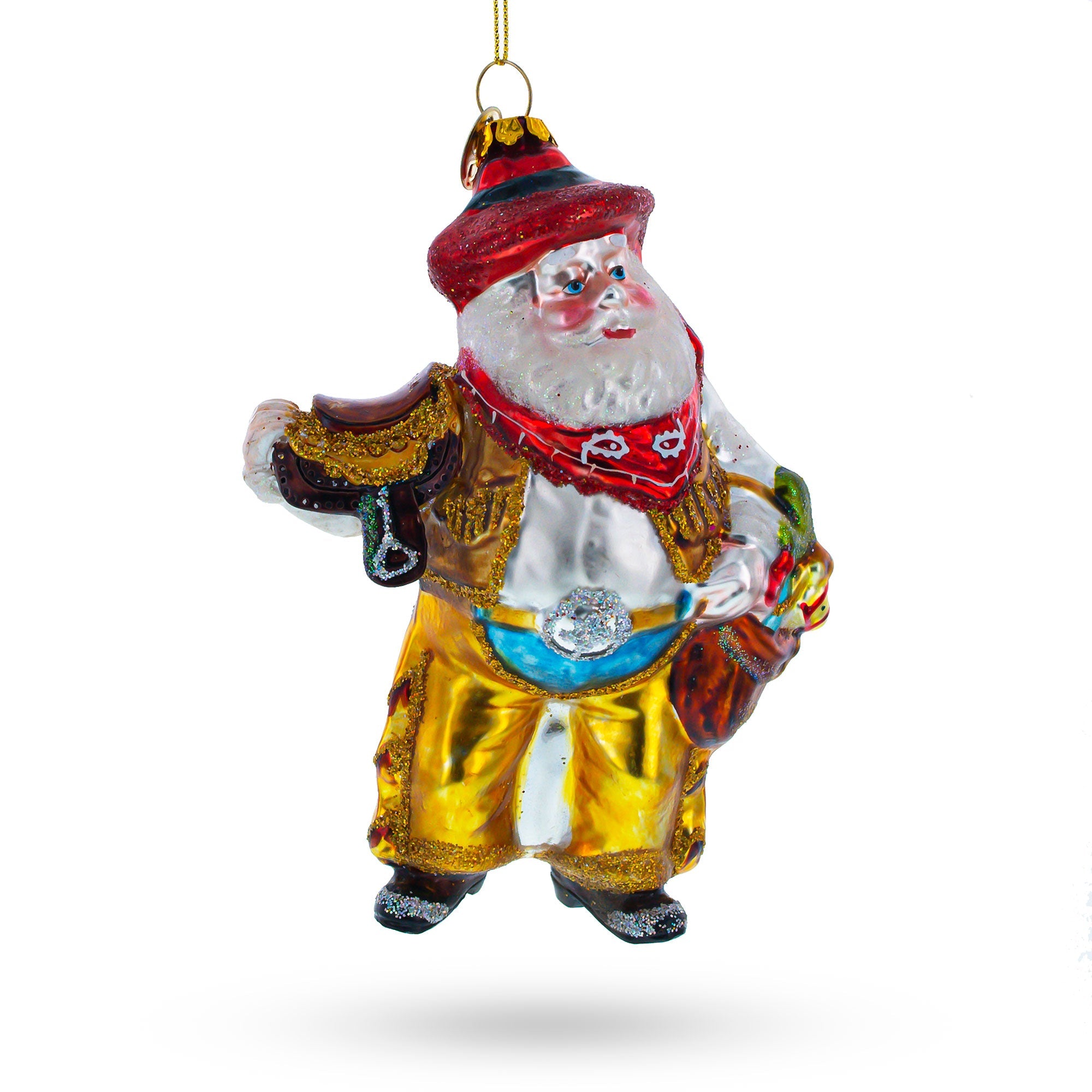 Rodeo Santa In Cowboy Gear - Blown Glass Christmas Ornament