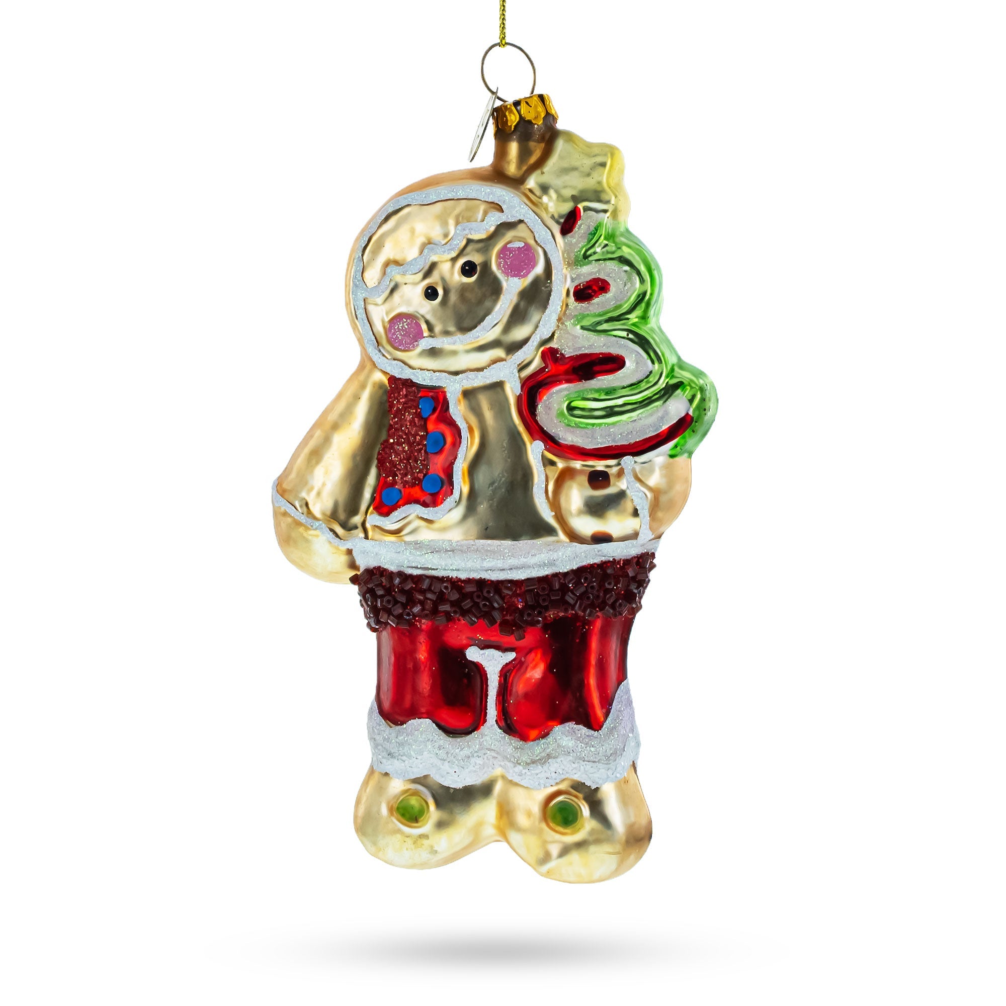 Festive Gingerbread With Christmas Tree - Blown Glass Ornament