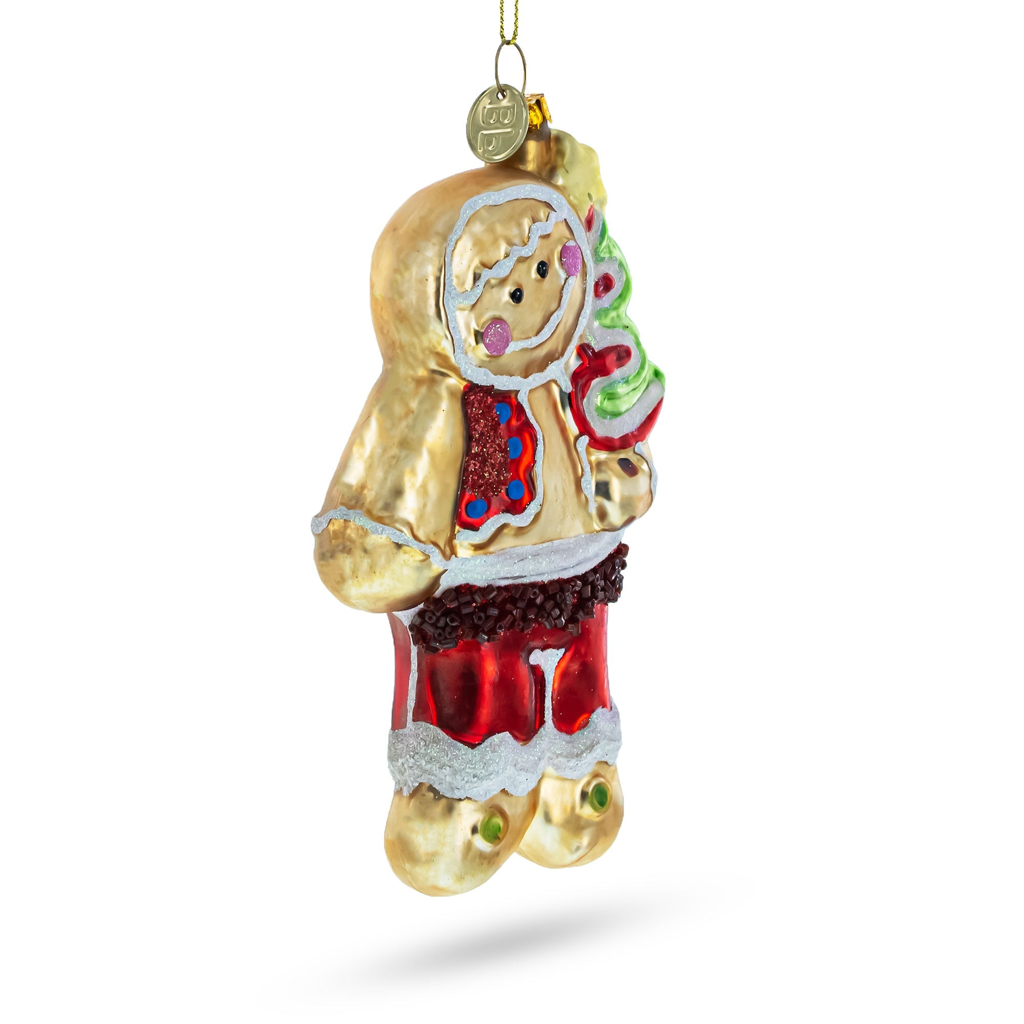 Festive Gingerbread With Christmas Tree - Blown Glass Ornament