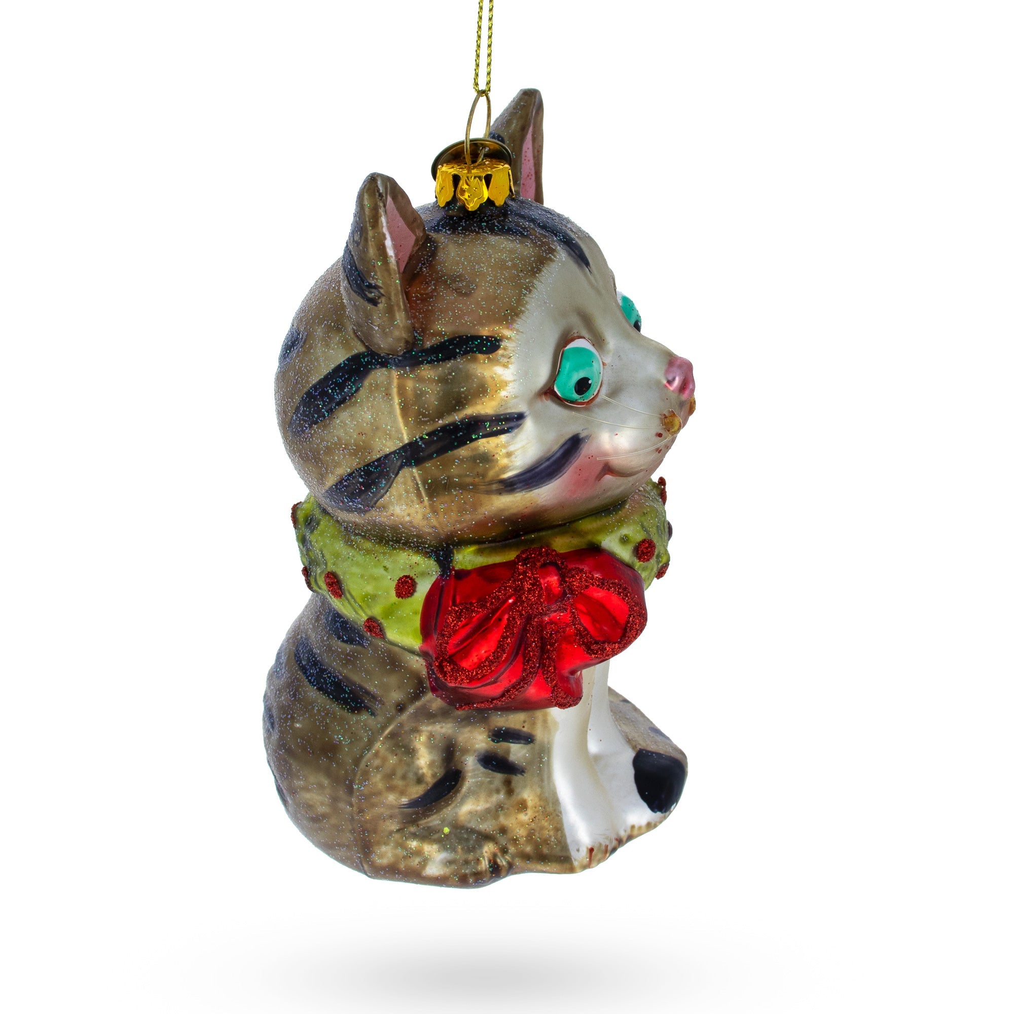 Cat With Sparkling Collar Blown Glass Christmas Ornament